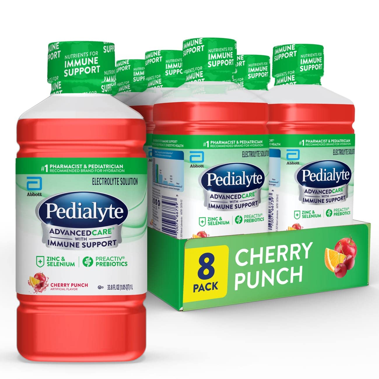 Pedialyte Advanced Care Electrolyte Solution, 1 Liter, 8 Count, with PreActive Prebiotics, Hydration Drink, Cherry Punch