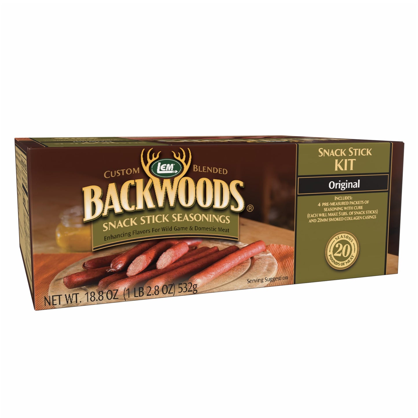 LEM Products Backwoods Original Snack Stick Seasoning Sausage Kit, Ideal for Wild Game, Seasons Up to 20 Pounds of Meat, 1 Pound, 2.7 Ounce Package with Pre-Measured Cure Packet Included
