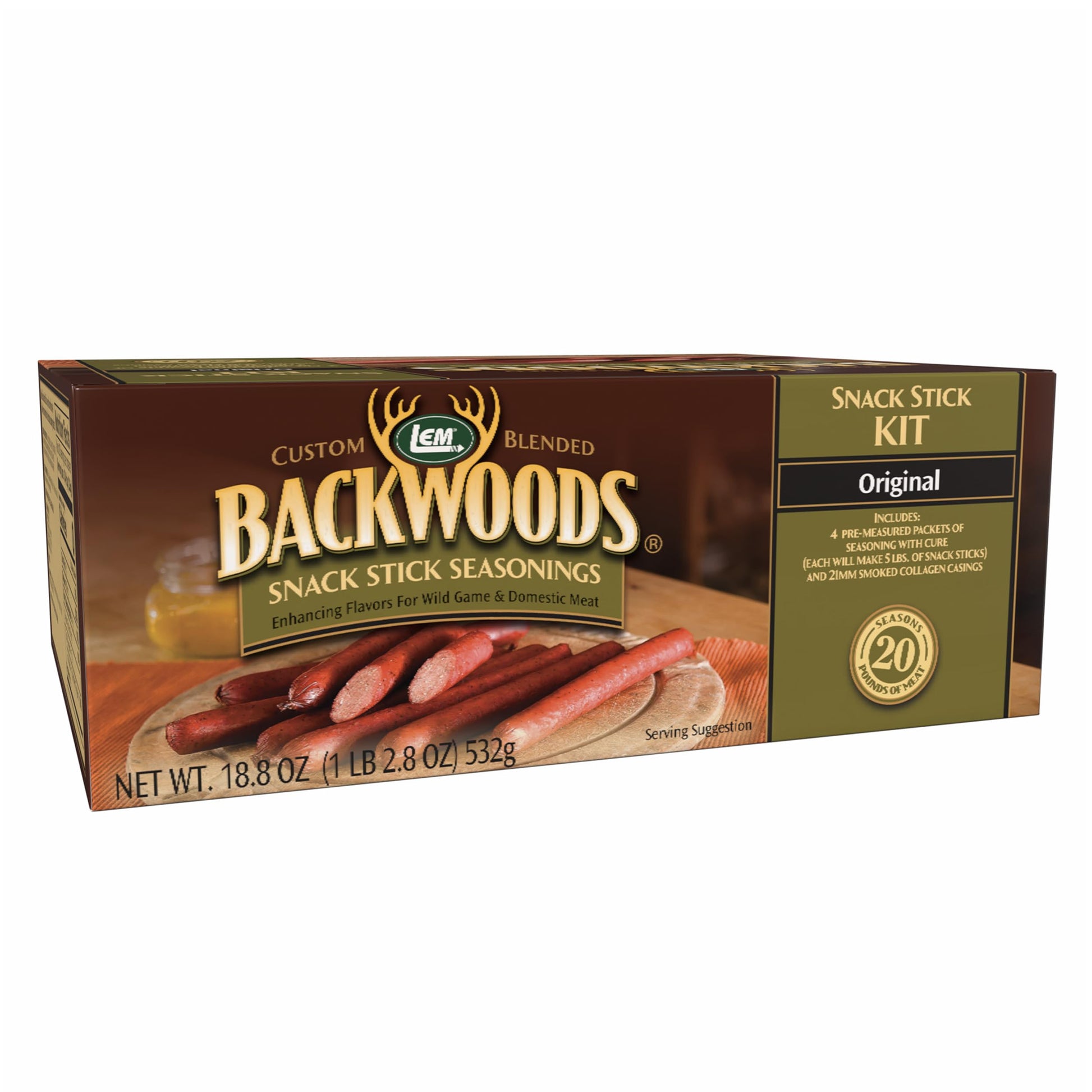 LEM Products Backwoods Original Snack Stick Seasoning Sausage Kit, Ideal for Wild Game, Seasons Up to 20 Pounds of Meat, 1 Pound, 2.7 Ounce Package with Pre-Measured Cure Packet Included