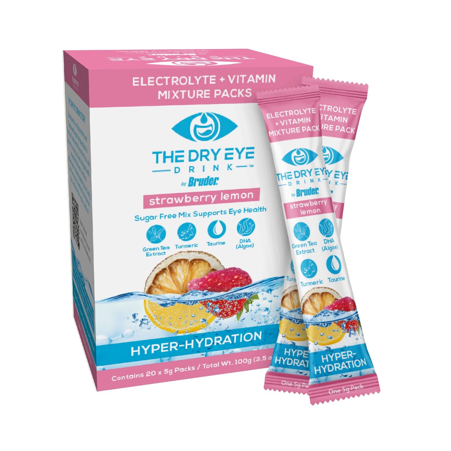 The Dry Eye Drink L Ultimate Hydration For Dry Eyes L Sugar-Free Electrolyte Powder Packets L Blended With Vitamins  Green Tea  Turmeric  Taurine  And Dha L 5G X 20 Packets (Strawberry Lemon)