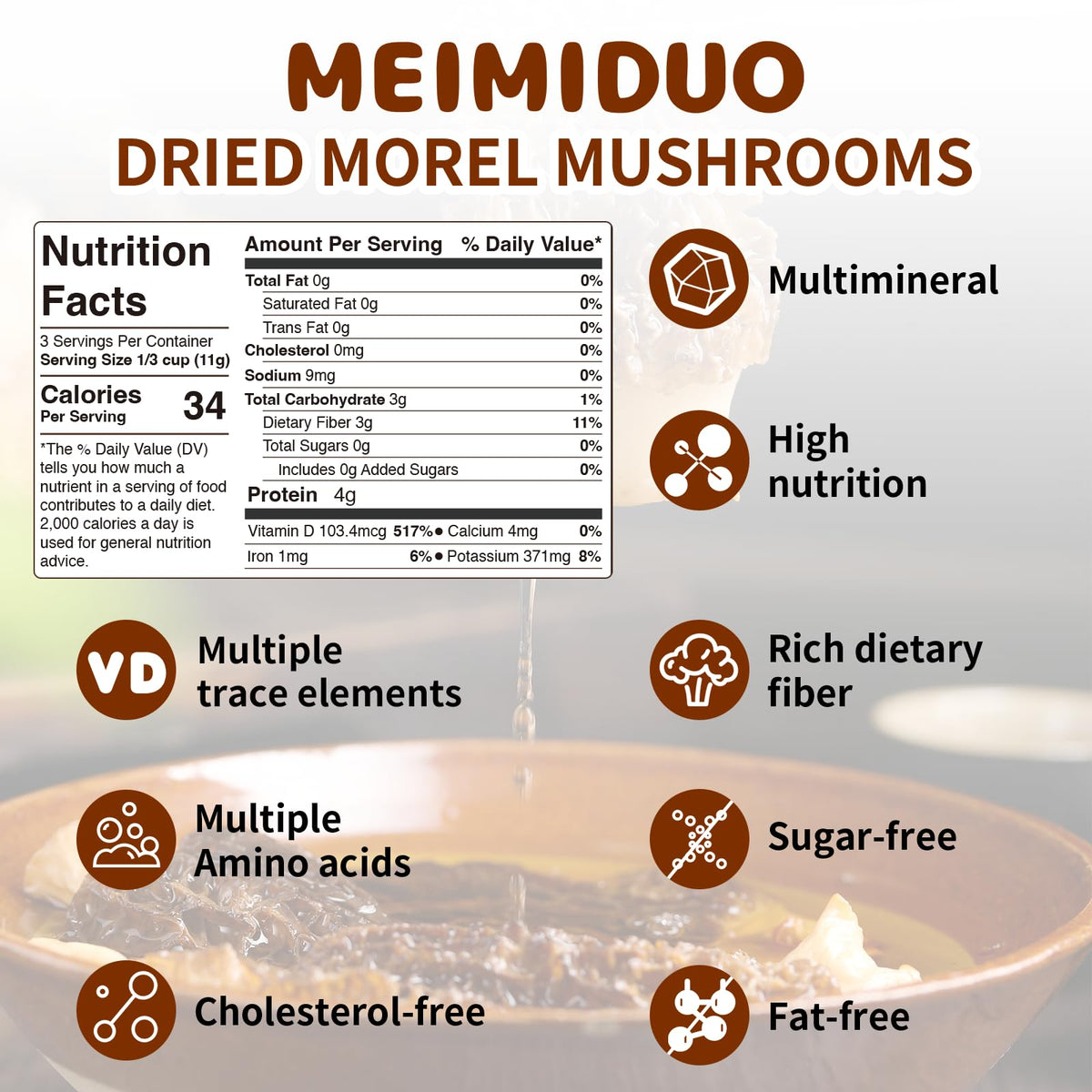 Meimiduo 1.06 Oz 30G Grade Aaa Dried Morel Mushrooms (Morchella Conica) For Cooking, Ketone Friendly, Gluten-Free, Fat-Free, Sug