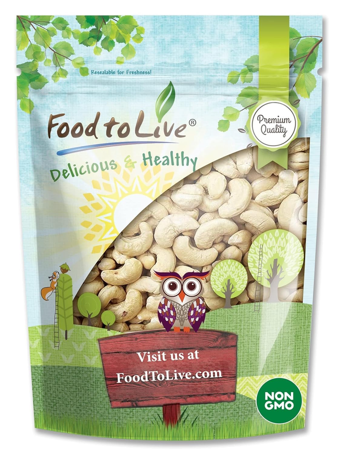 Food to Live - Raw Cashews, 5 Pounds - Deluxe Whole Nuts, Unsalted, Unroasted Fancy Snack, Size W-320, Kosher, Vegan, Bulk, Rich