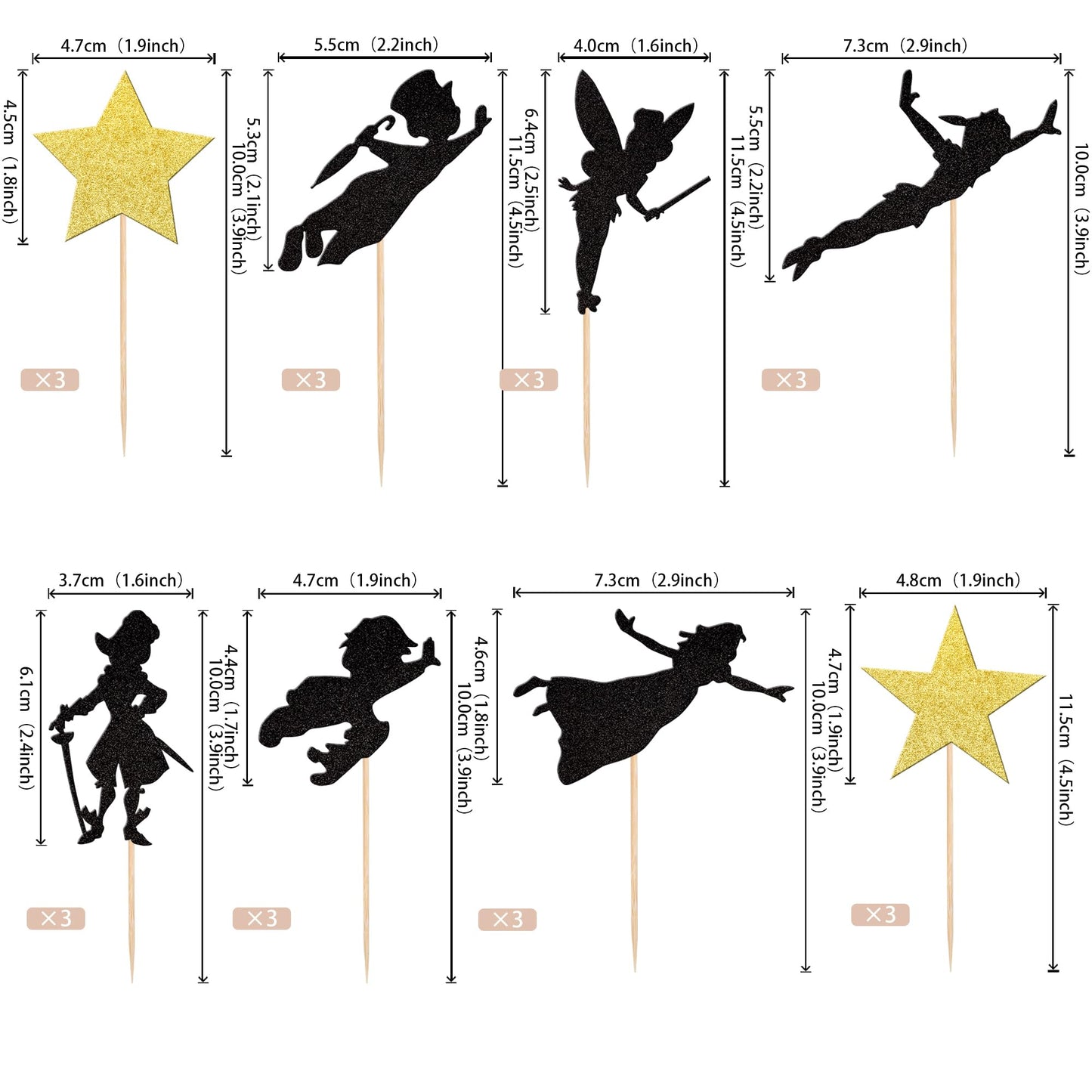 ZHUOWEISM Cupcake Toppers 24 PCS Glitter Star for Baby Shower, Birthday Party, Gold Black, Paper