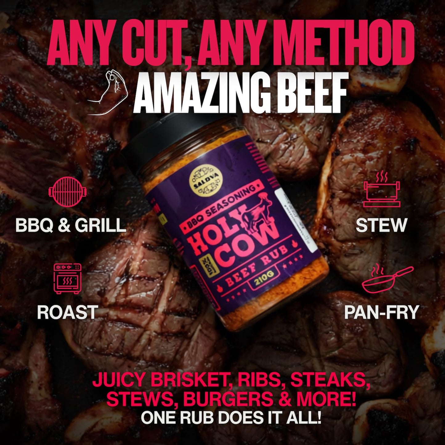 Holy Cow BBQ Beef Rub - 100% Natural Seasoning - Packs Amazing Flavour Into Any Cut Of Beef For Wonderful BBQ And Grill Dishes -