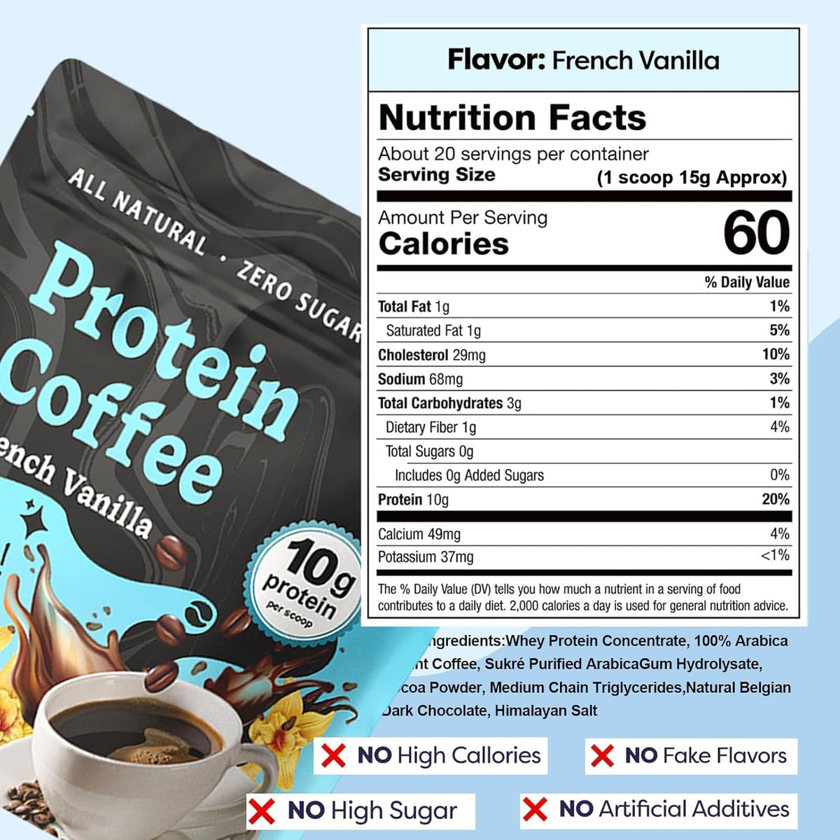 French Vanilla Protein Iced Coffee | Cold Brew with Whey Protein and Natural Vanilla Flavor | Low Carb  No Added Sugar  No Artificial Sweeteners or Flavors | 20 Servings (1pc)