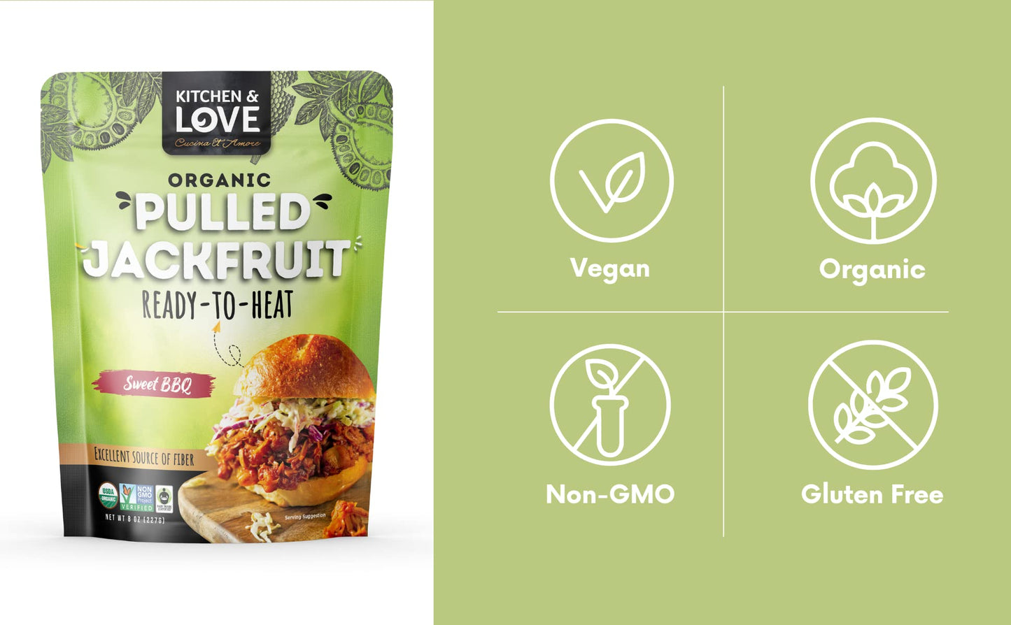 Kitchen & Love Jackfruit Sweet BBQ, Vegan, Gluten Free, High Fiber, 6 Pack, Ready in 90 Seconds