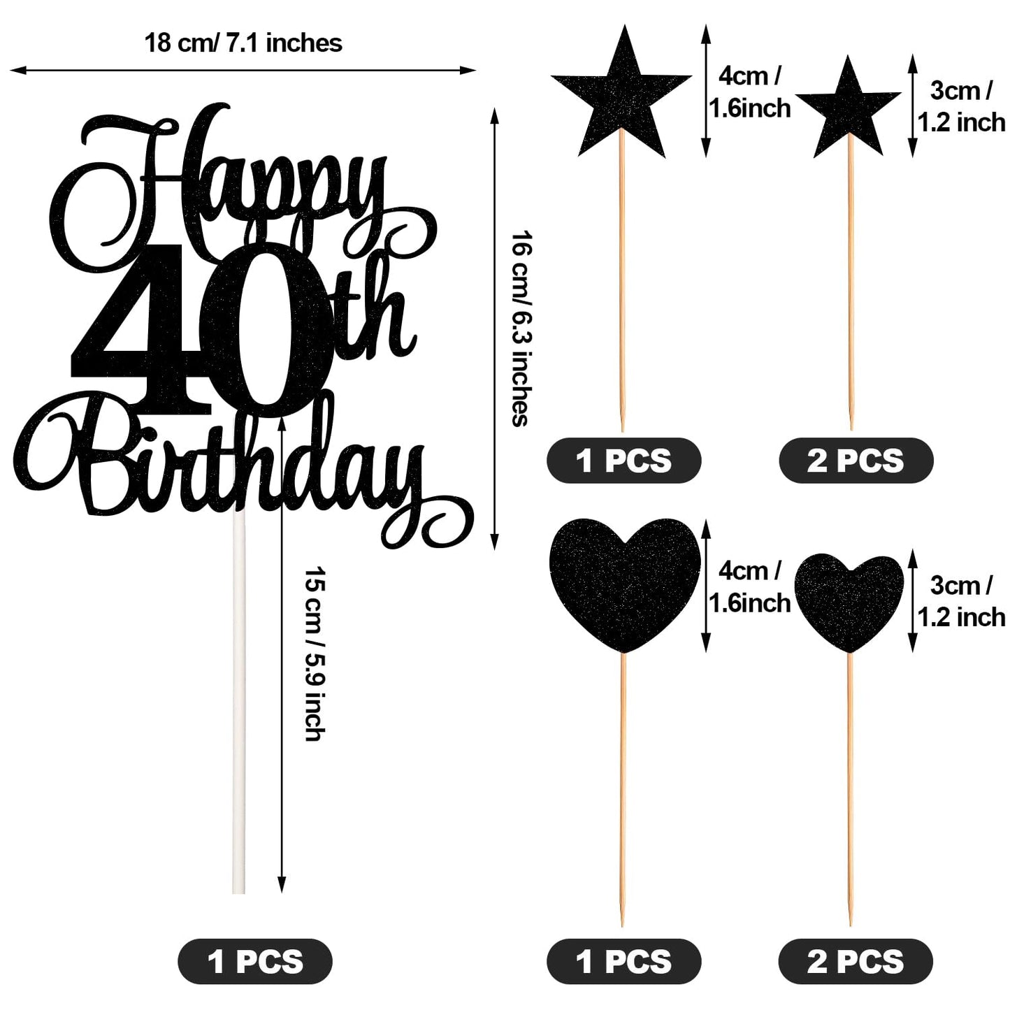HOGRTi 40th Birthday Cake Decorations Set, Black Series, Paper Candles & Toppers, Numeral 40, Heart & Star Cupcake Picks