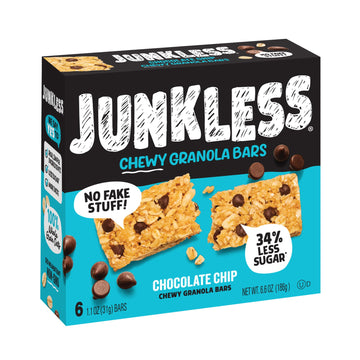 Junkless Chocolate Chip Chewy Granola Bars - Less Sugar, Great Tasting, Wholesome Snacks - 1.1 Oz. Bars, 1 Box