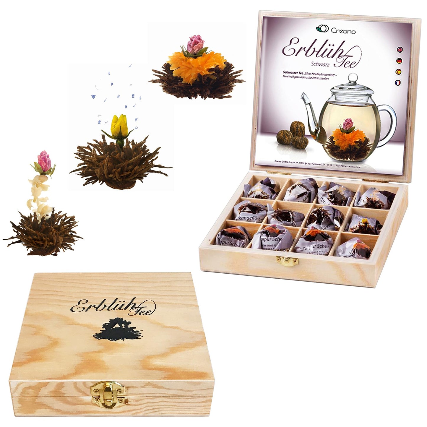 Creano Abloom Tea - Blooming Gift Set In Wooden Box - 12 Pieces In 3 Variations  Black
