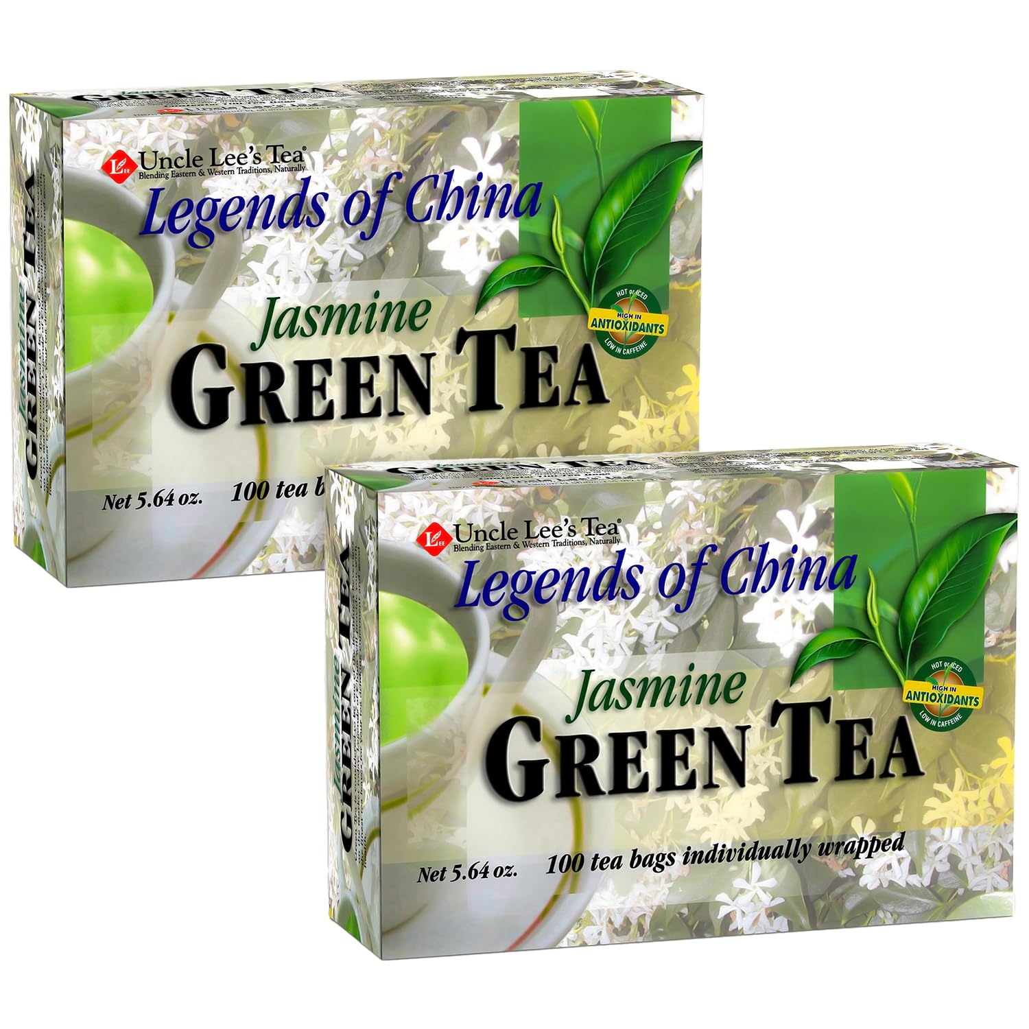Uncle Lees Top-Grade Green Tea With Jasmine Flowers  Lightly Caffeinated  100 Count 2-Pack - Antioxidant-Rich Young Tea Leaves In Individually Wrapped Bags  5.64 Oz Ea