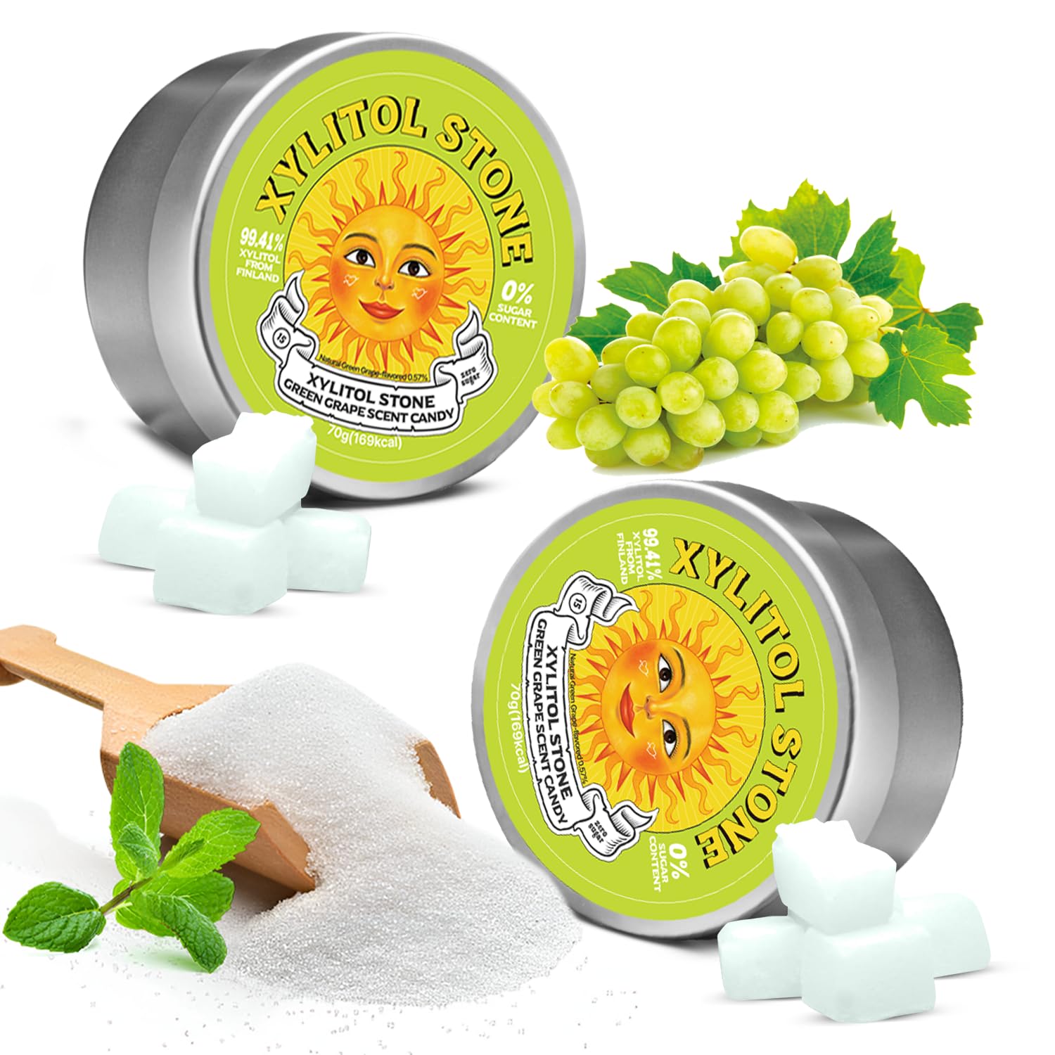 Xylitol Stone Sugar Free Candy - Vegan & Keto Friendly Unique Hard Candy Sugar-Free - 100% Natural Flavor Candies - Gluten Free & Non-Gmo Breath Freshener Low Calorie Mints - Green Grape (Pack Of 2)