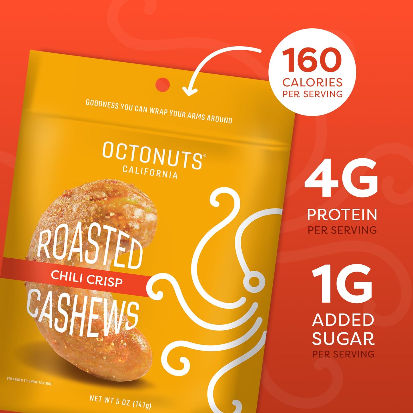 Octonuts Chili Crisp Cashews - Roasted in Almond Oil (5oz) Bold Chili and Garlic Crunch - Plant Based Protein Snack - Healthy, V