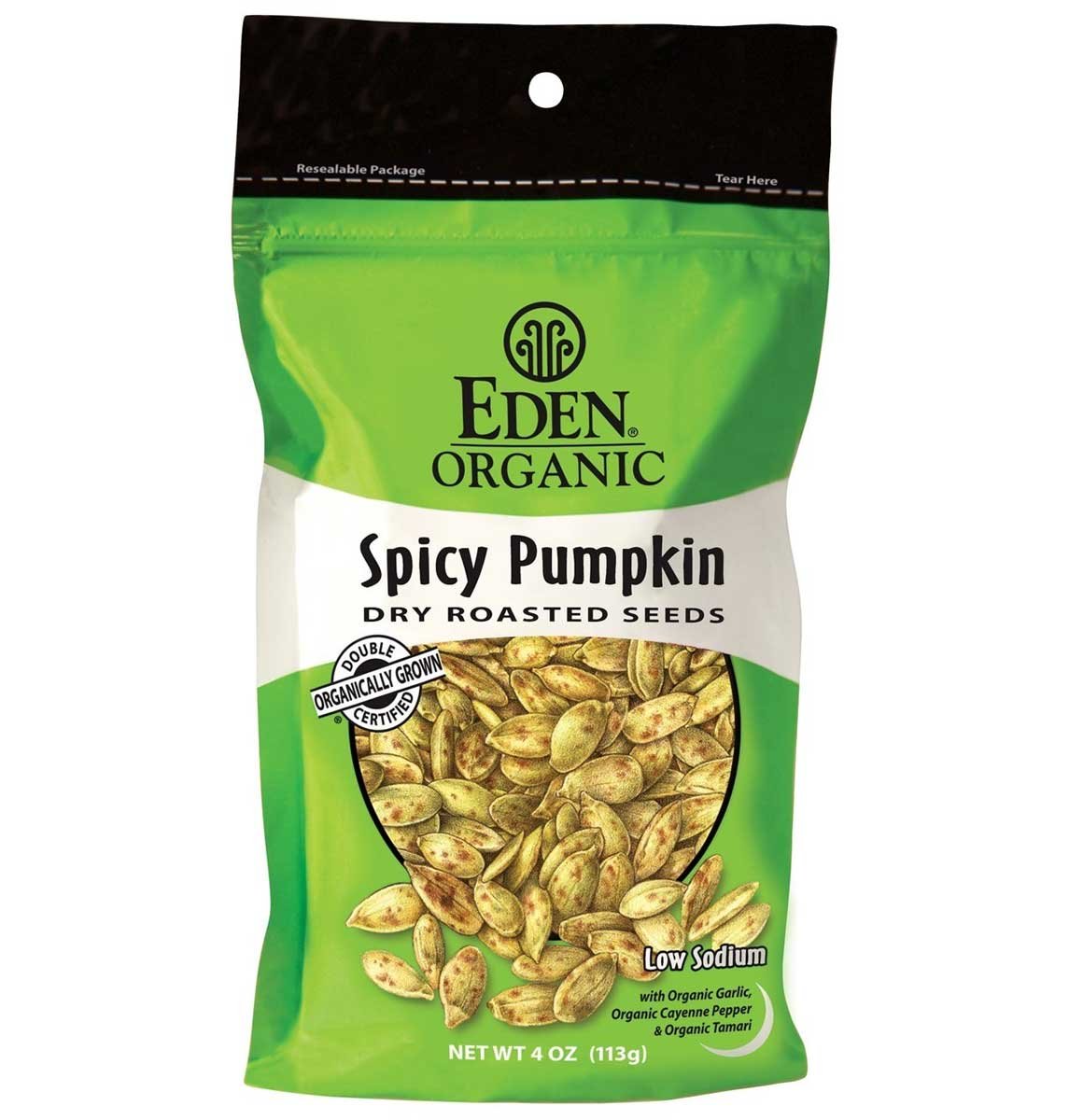 Eden Organic Dry Roasted Seeds, Spicy Pumpkin, 4-Ounce Resealable Bags (Pack of 15) ( Value Bulk Multi-pack)