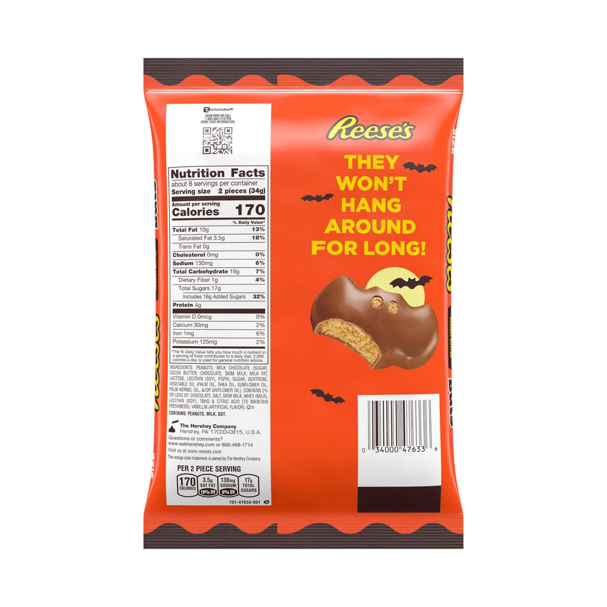 REESES Milk Chocolate Peanut Butter Snack Size Bats, Halloween Candy Bag, 9.6 oz