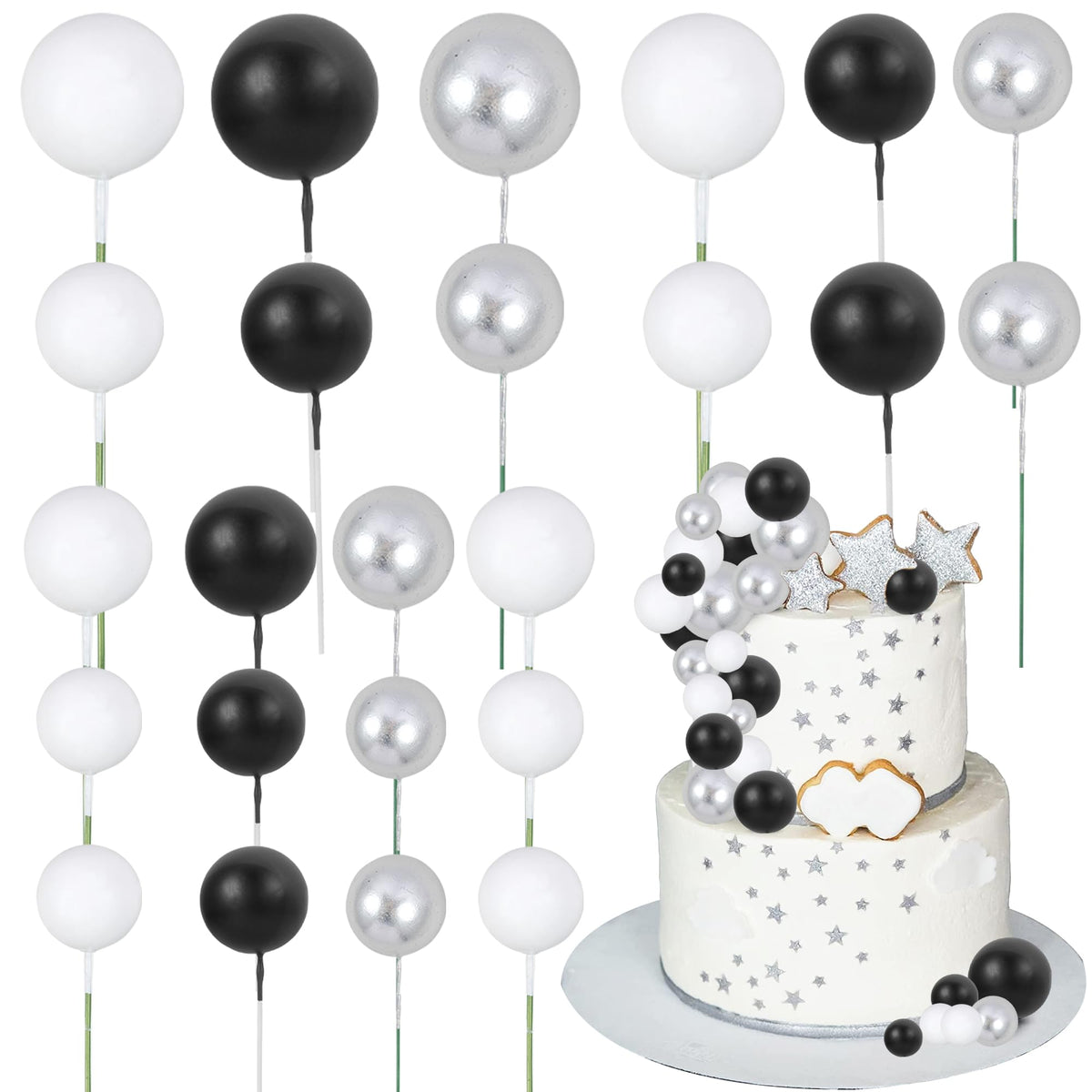Gyufise 30Pcs Balls Cake Toppers Ball Picks Ball Shaped Cupcake Toppers Foam Balls Cake Topper Mini Balloons Cake Decorations Fo
