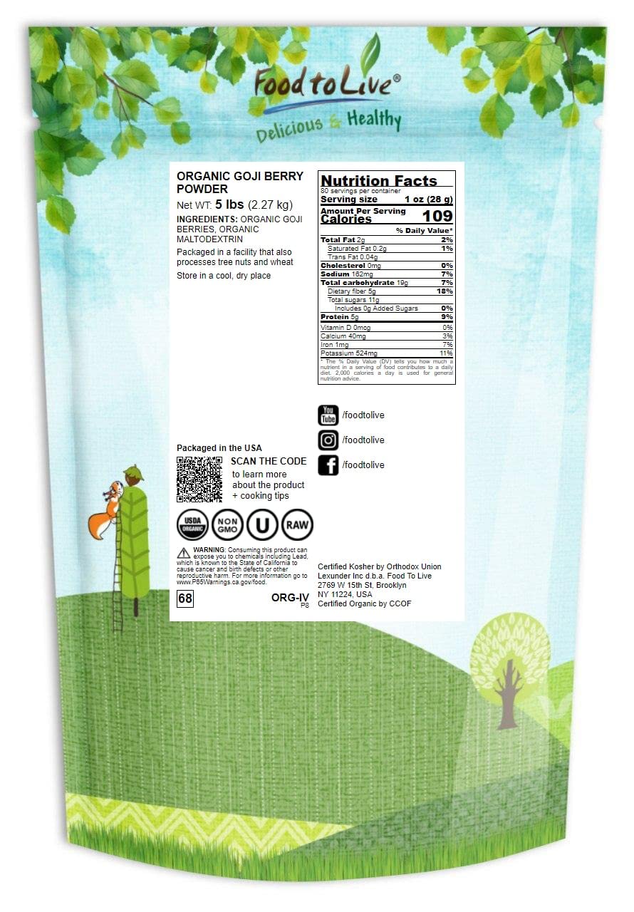 Food To Live Organic Goji Berry Powder, 5 Pounds Non-Gmo, Kosher, Vegan, Bulk, Contains Maltodextrin
