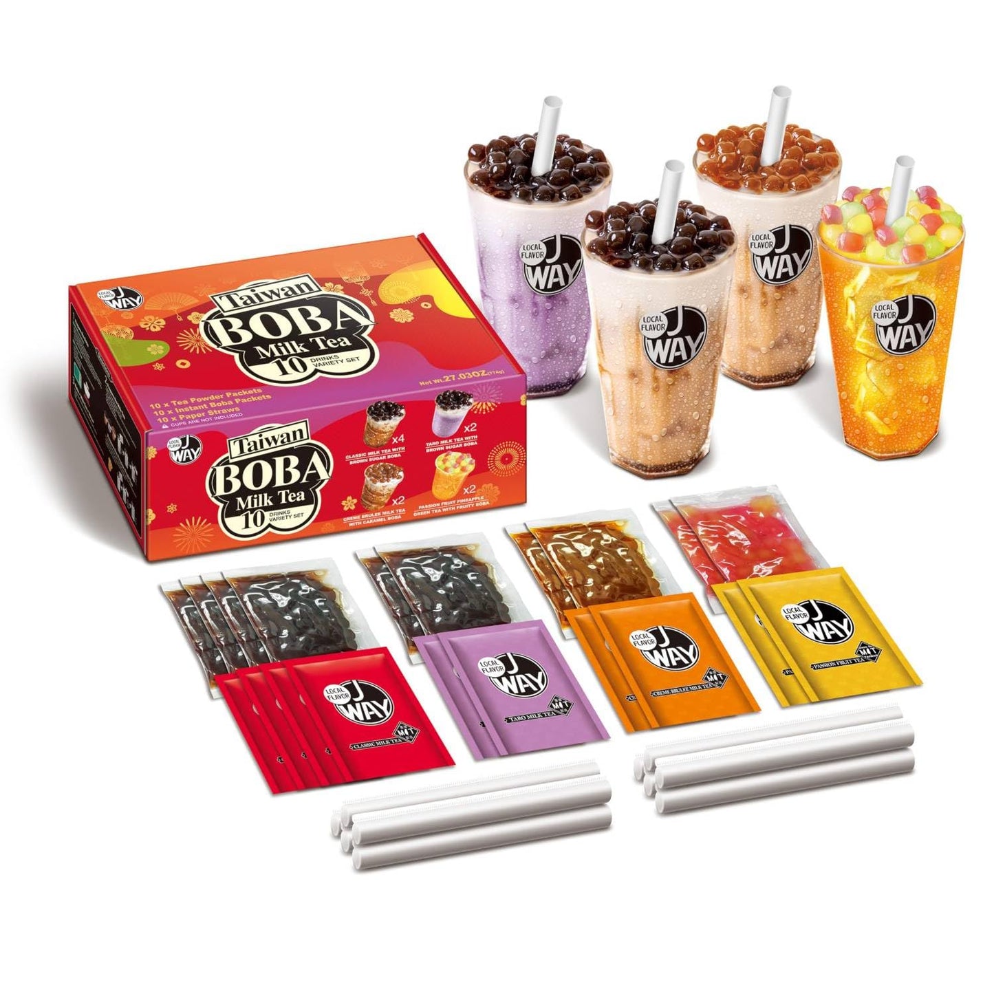 J WAY Instant Boba Bubble Pearl Variety Milk Tea Fruity Tea Kit with Authentic Brown Sugar Caramel Fruity Tapioca Boba, Ready in