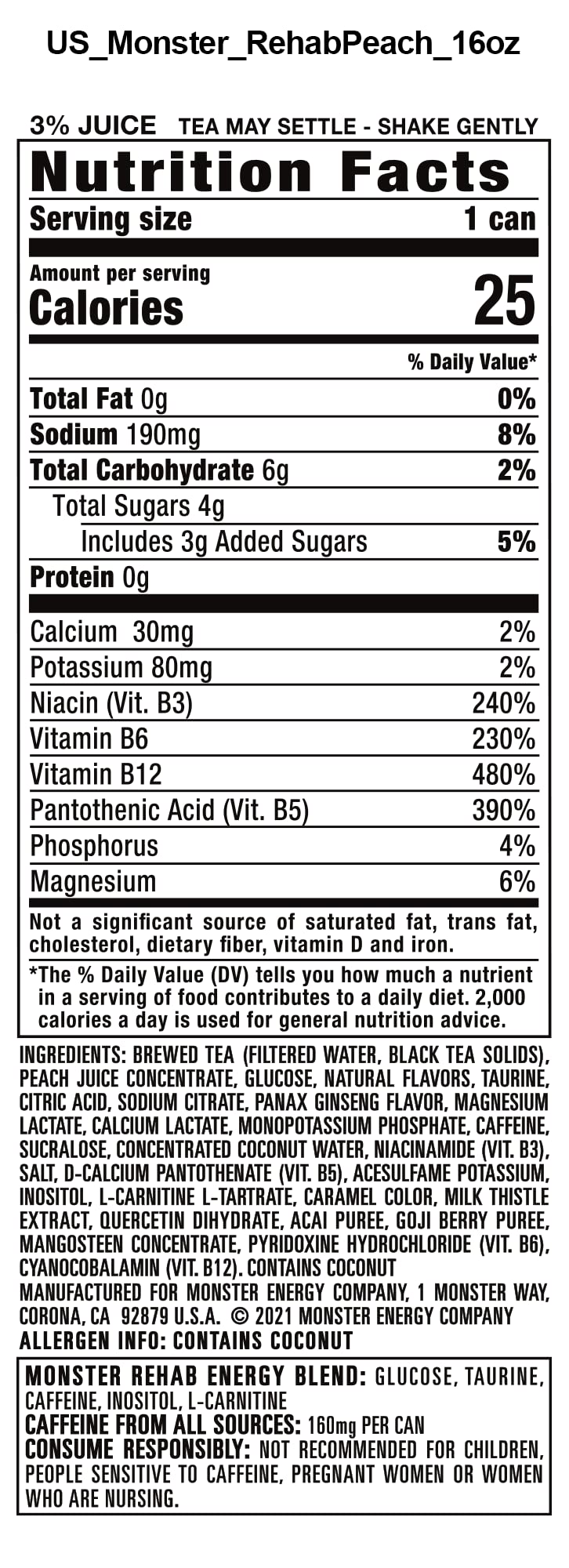 Monster Energy Rehab Peach Tea + Energy Iced Tea, 15 Pack, 15.5 Ounce Cans