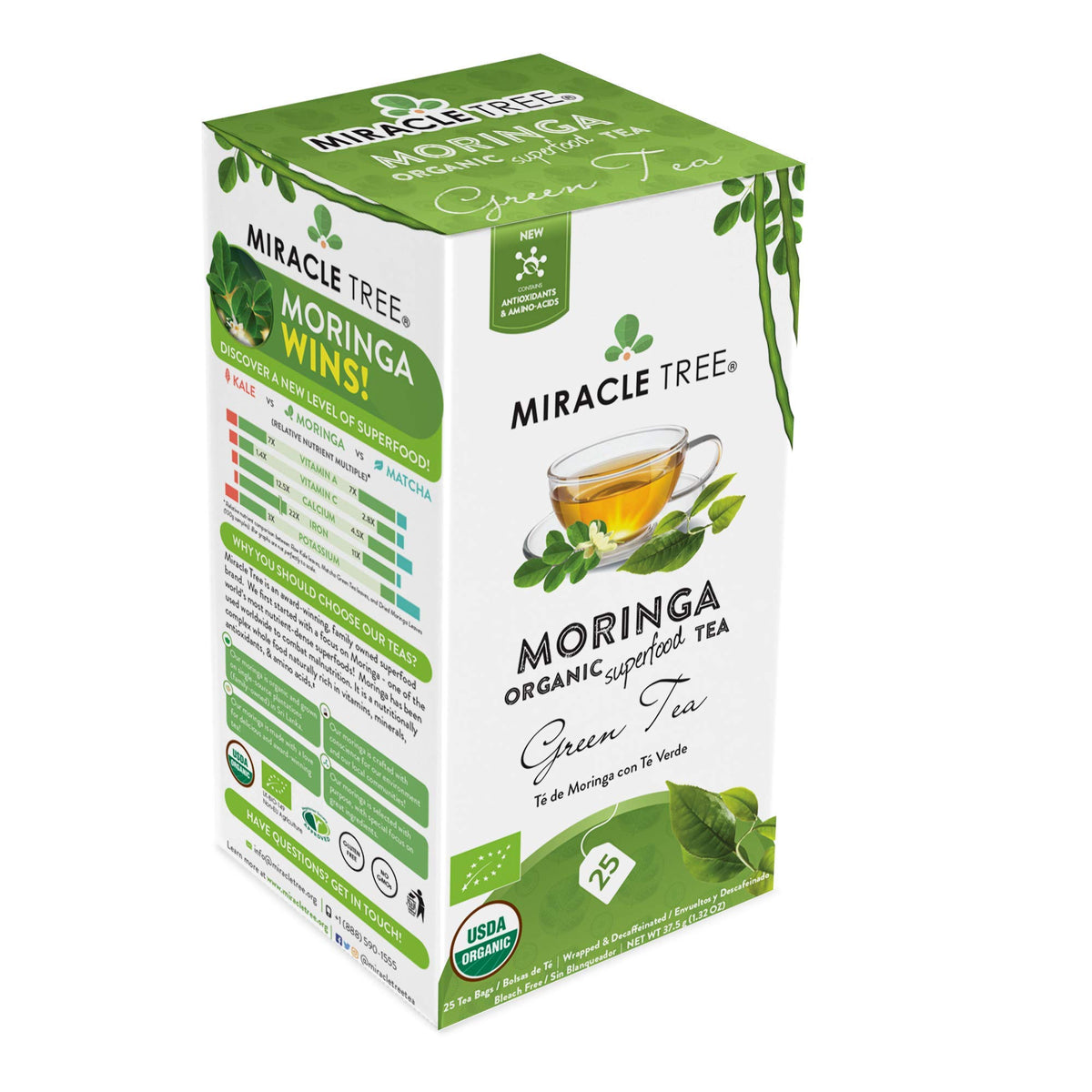 Miracle Tree - Organic Moringa Superfood Tea, 25 Individually Sealed Tea Bags, Green Tea (Keto, Detox, Energy & Immunity Booster