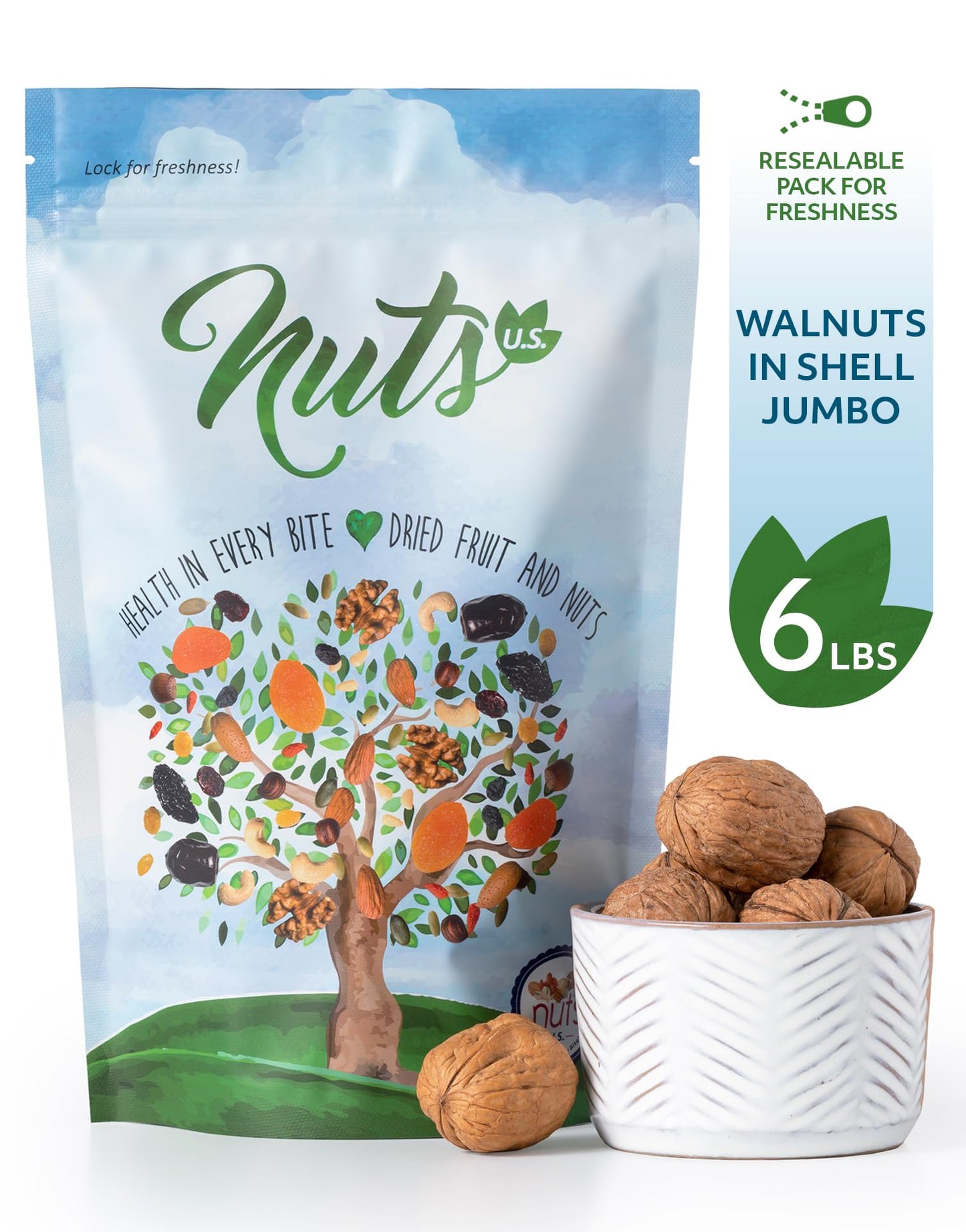NUTS U.S. Walnuts in Shell, Chandler Variety, Non-GMO, 6 Pound Resealable Bag