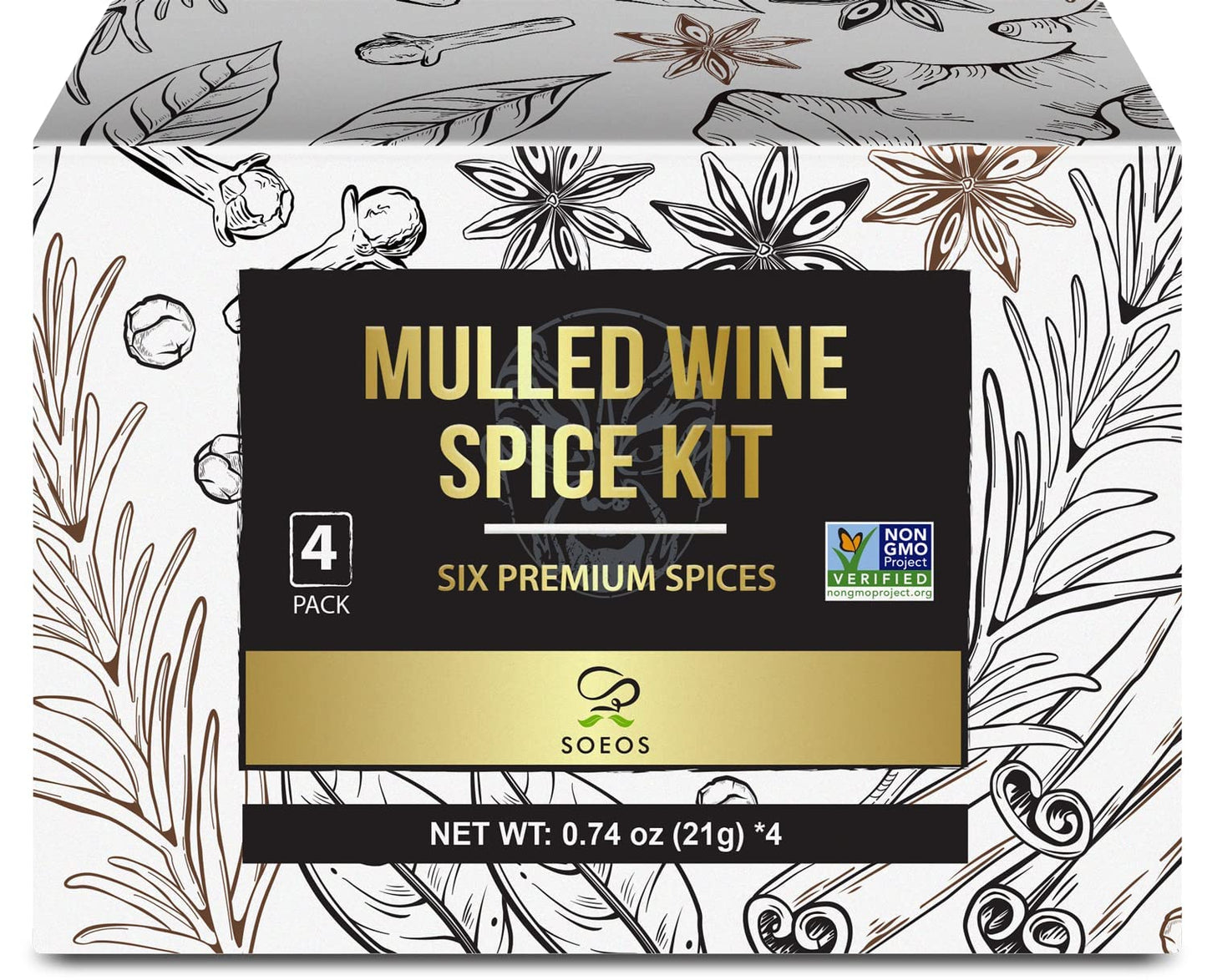 Soeos Mulled Wine Spice Kit, Mulling Spices for Wine, Cider & Tea, 2.96 oz (0.74 oz*4), Brown