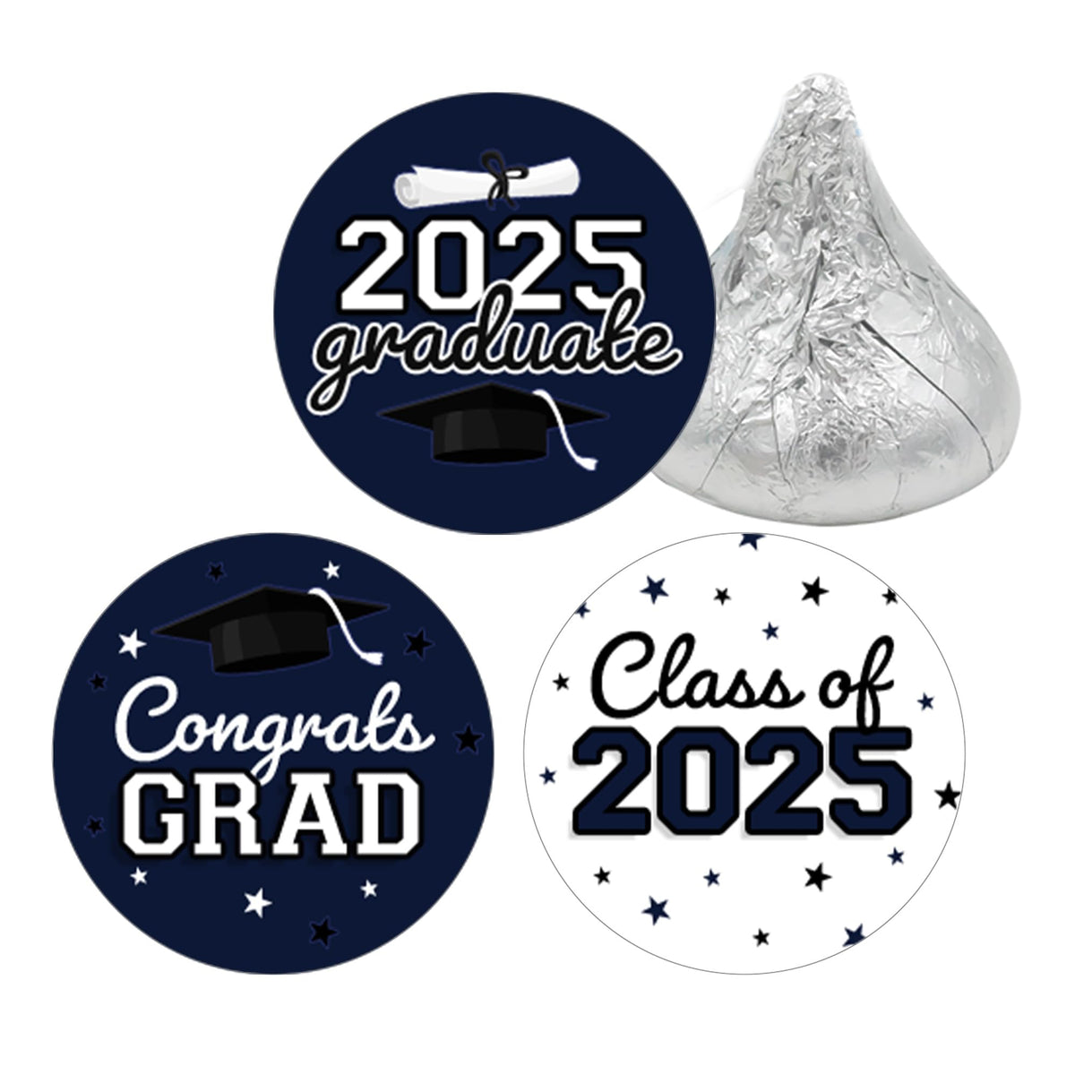 Navy Blue Graduation Party Stickers for Kisses Candy, Chocolate Drops, 2025 Grad Party Favors - 180 Count