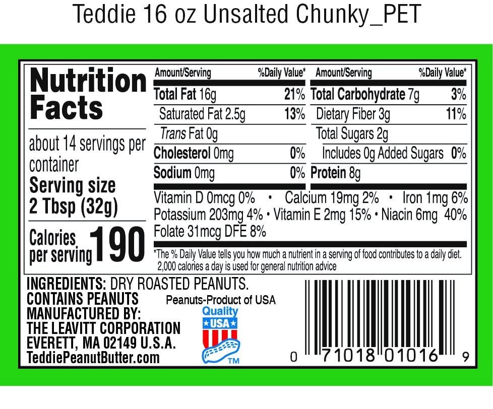 Teddie Super Chunky Unsalted Peanut Butter 2-Pack, 16 Ounce, Gluten Free & Vegan, All Natural, Perfect for Spreads & Cooking