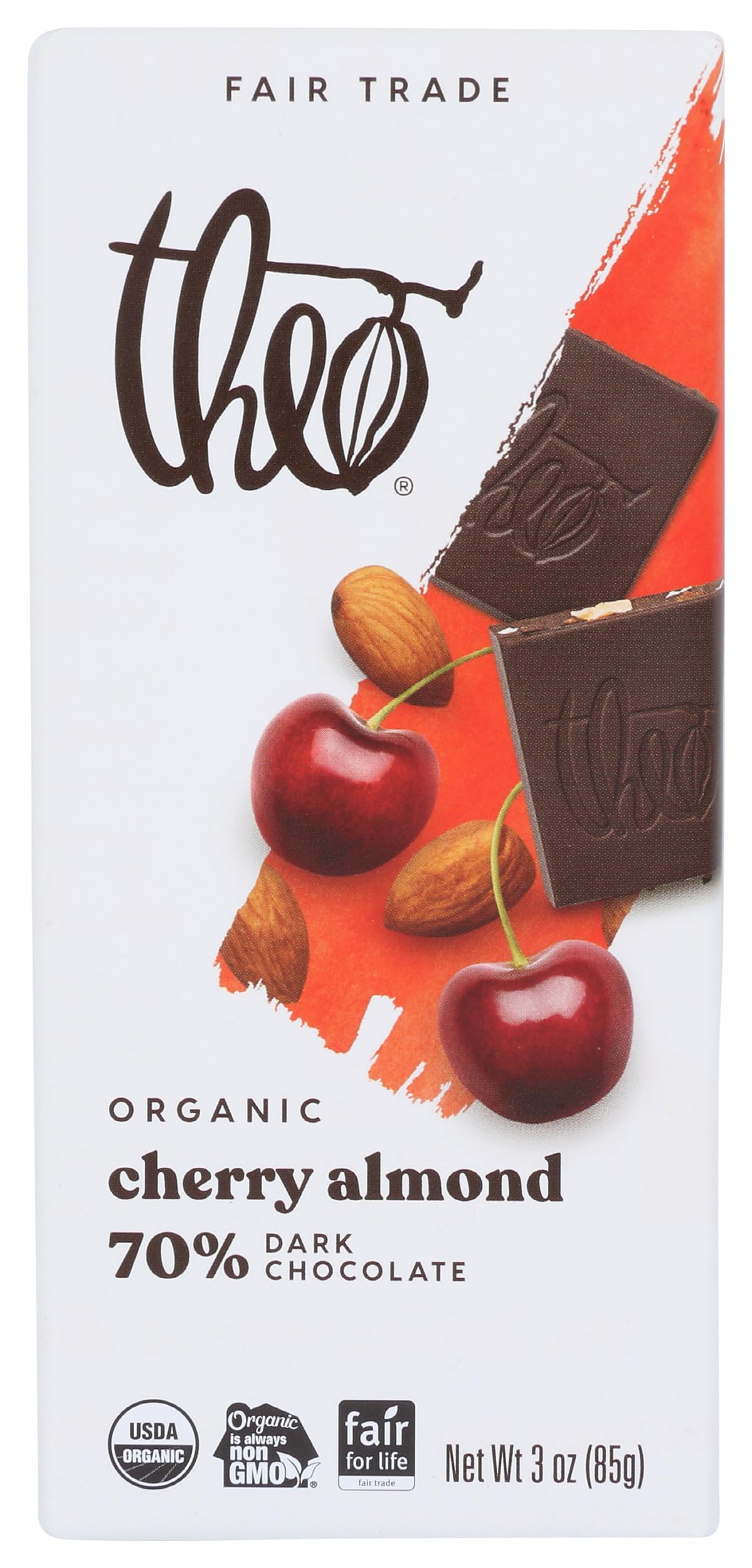 Theo Cherry Almond Organic Dark Chocolate Bar, 70% Cacao, 1 Bar | Vegan, Fair Trade