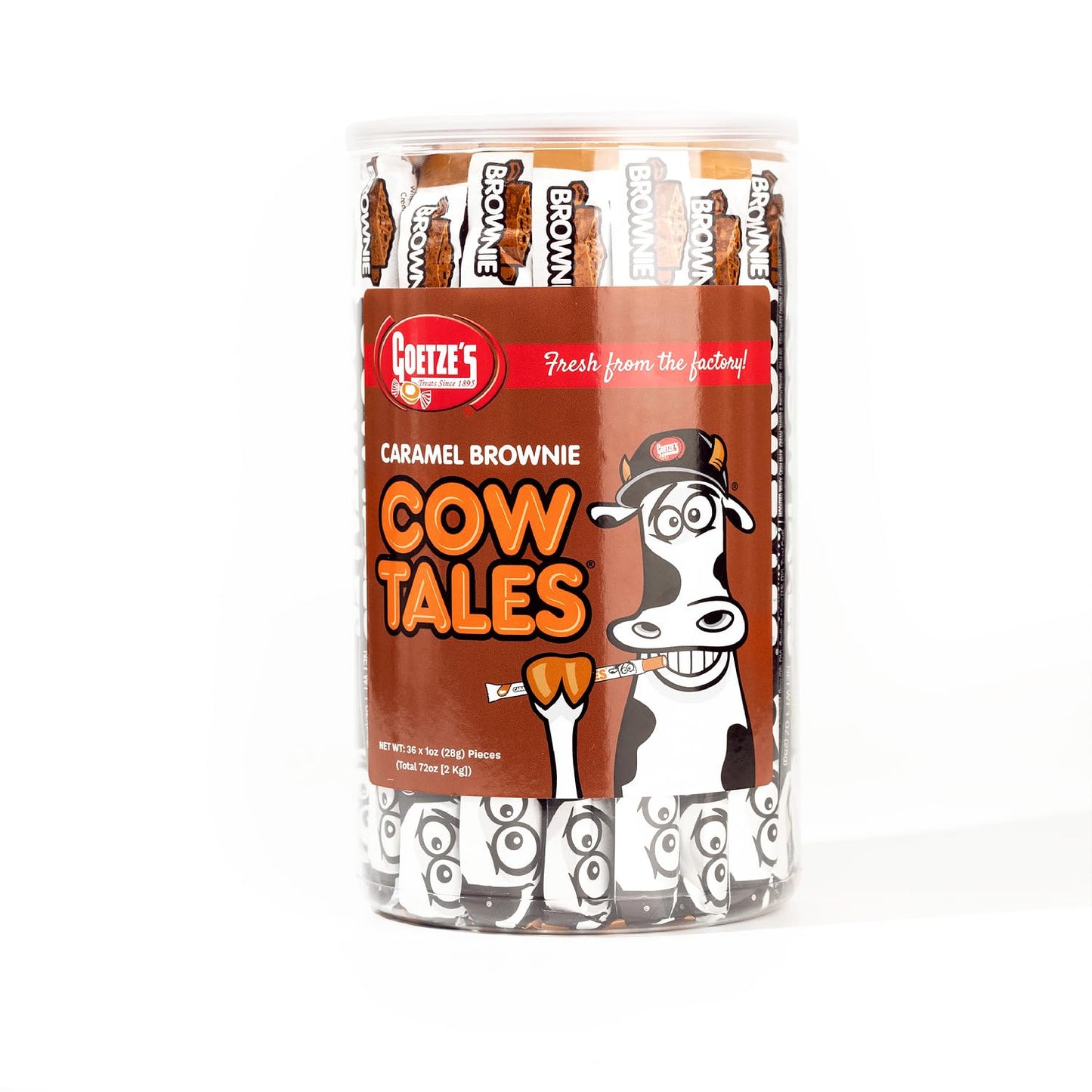 Goetzes Candy Caramel Brownie Cow Tales - 2.25 Pound Canister (36 Ounces) - Fresh from the Factory