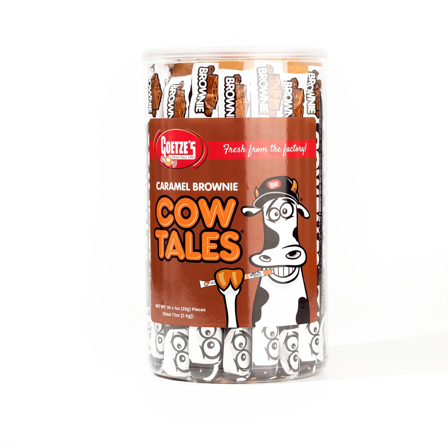 Goetzes Candy Caramel Brownie Cow Tales - 2.25 Pound Canister (36 Ounces) - Fresh from the Factory