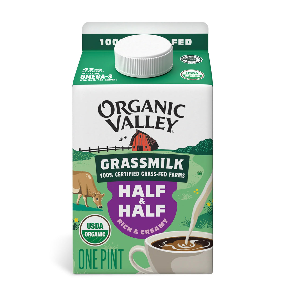 Organic Valley Grassmilk Half and Half - Organic, Grass Fed, Non GMO - 16 oz (Pint)