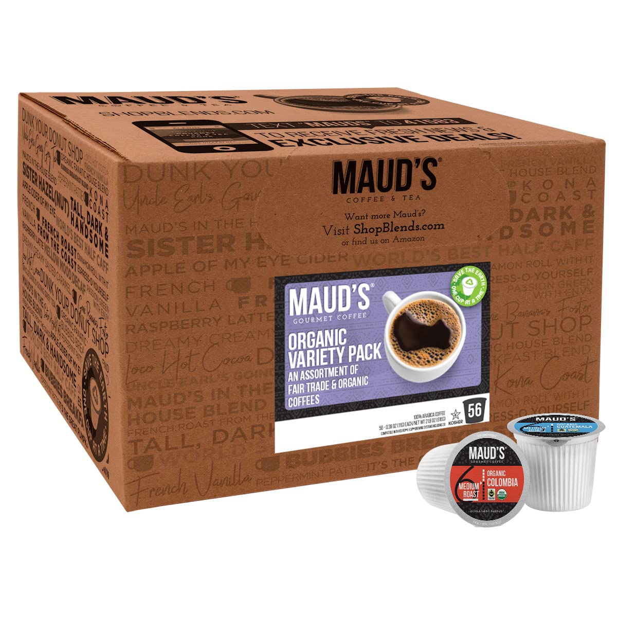 Maud s Organic Coffee Pods Variety Pack, 56 ct, 8 Assorted Flavors, Recyclable Single Serve Pods - 100% Arabica Coffee, Compati