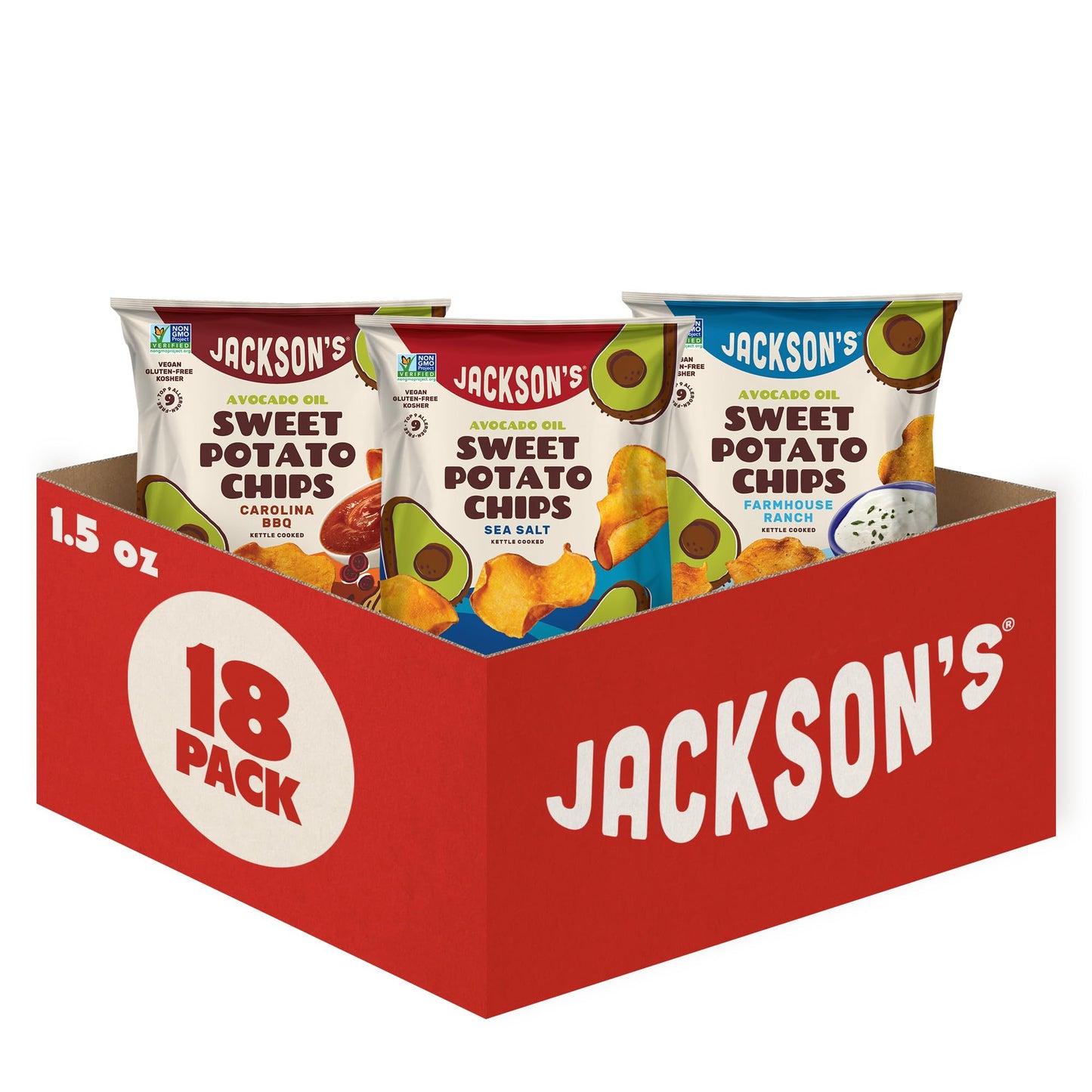 Jacksons Sweet Potato Kettle Chips Variety Pack, Sea Salt, Ranch, BBQ, 1.5 oz, Pack of 18, Gluten Free, Vegan