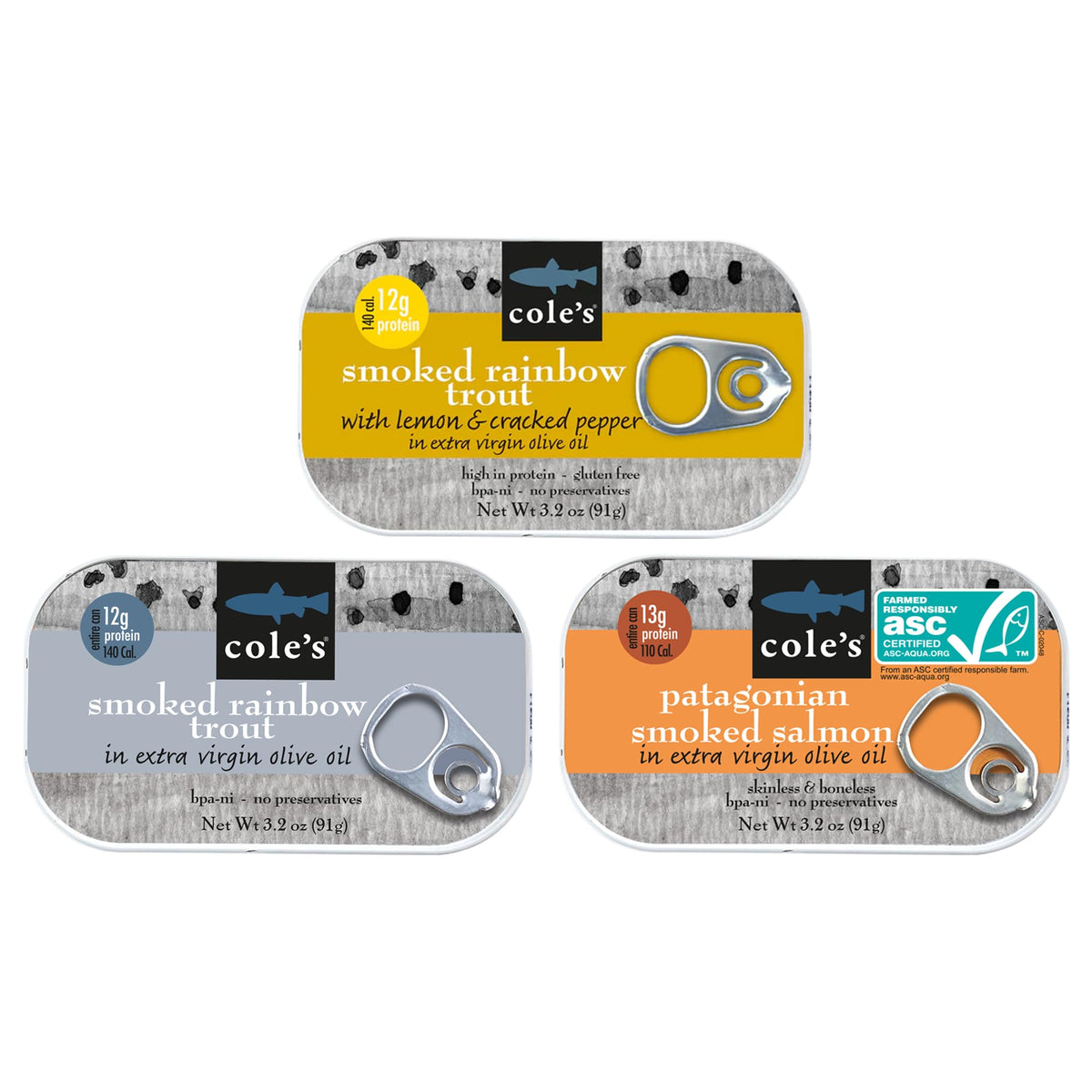ColeS Canned Seafood Variety Pack - Salmon  Rainbow Trout In Olive Oil & Trout With Lemon & Breaked Pepper | High In Protein Canned Fish- 3 Pack