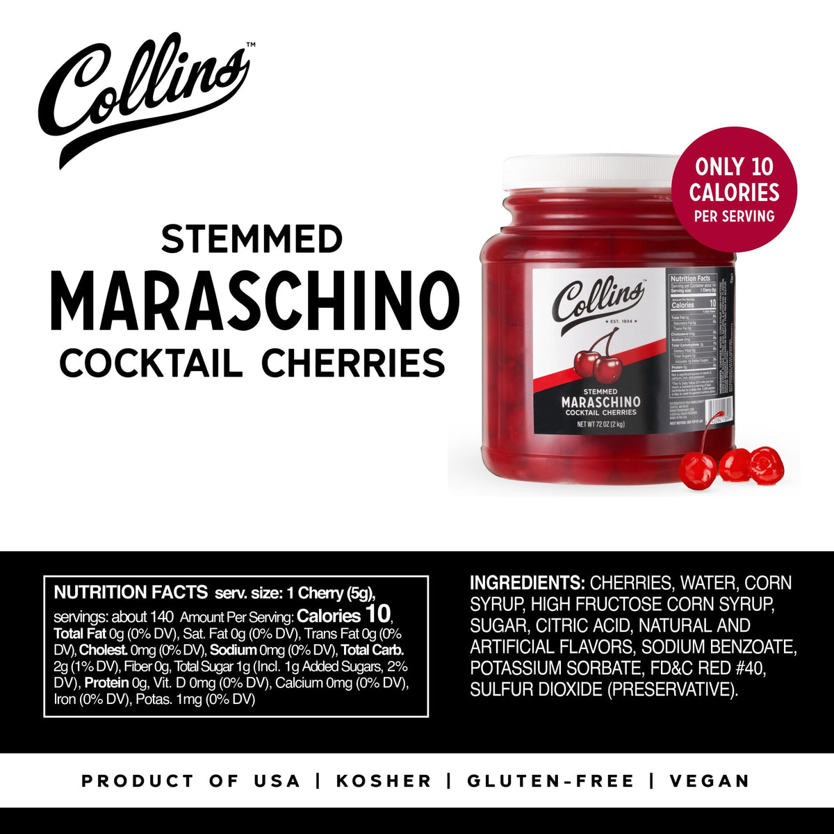 Collins Maraschino-Flavored Cherries Bulk Garnish 72 oz Set of 1 Red