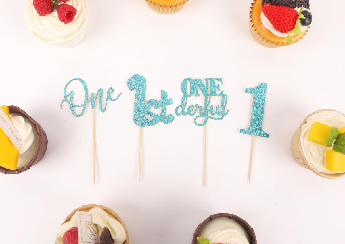 24Pack First Birthday Cupcake Topper - Glitter Light Blue One Cupcake Picks,1St Birthday Cupcake Decorations Supplies (Light Blu