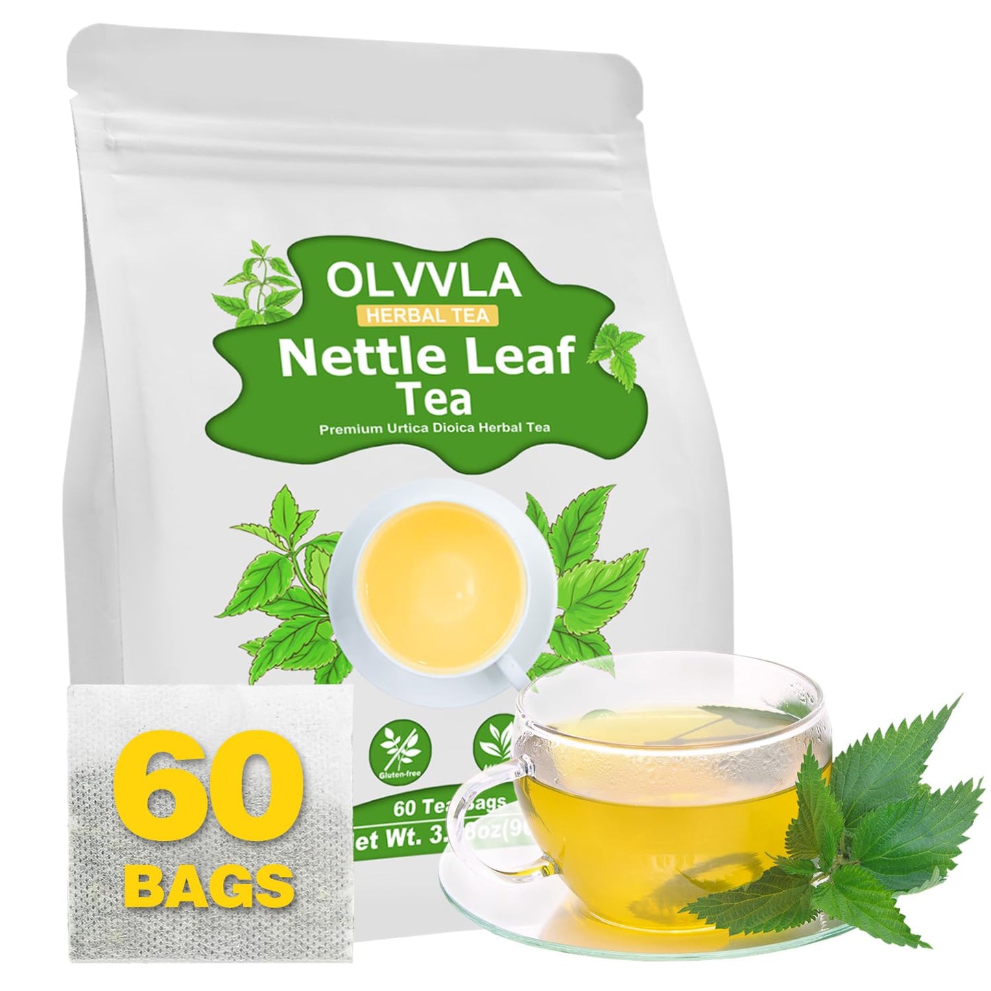 Olvvla Premium Nettle Leaf Tea, Caffeine-Free, Non-GMO, 60 Count