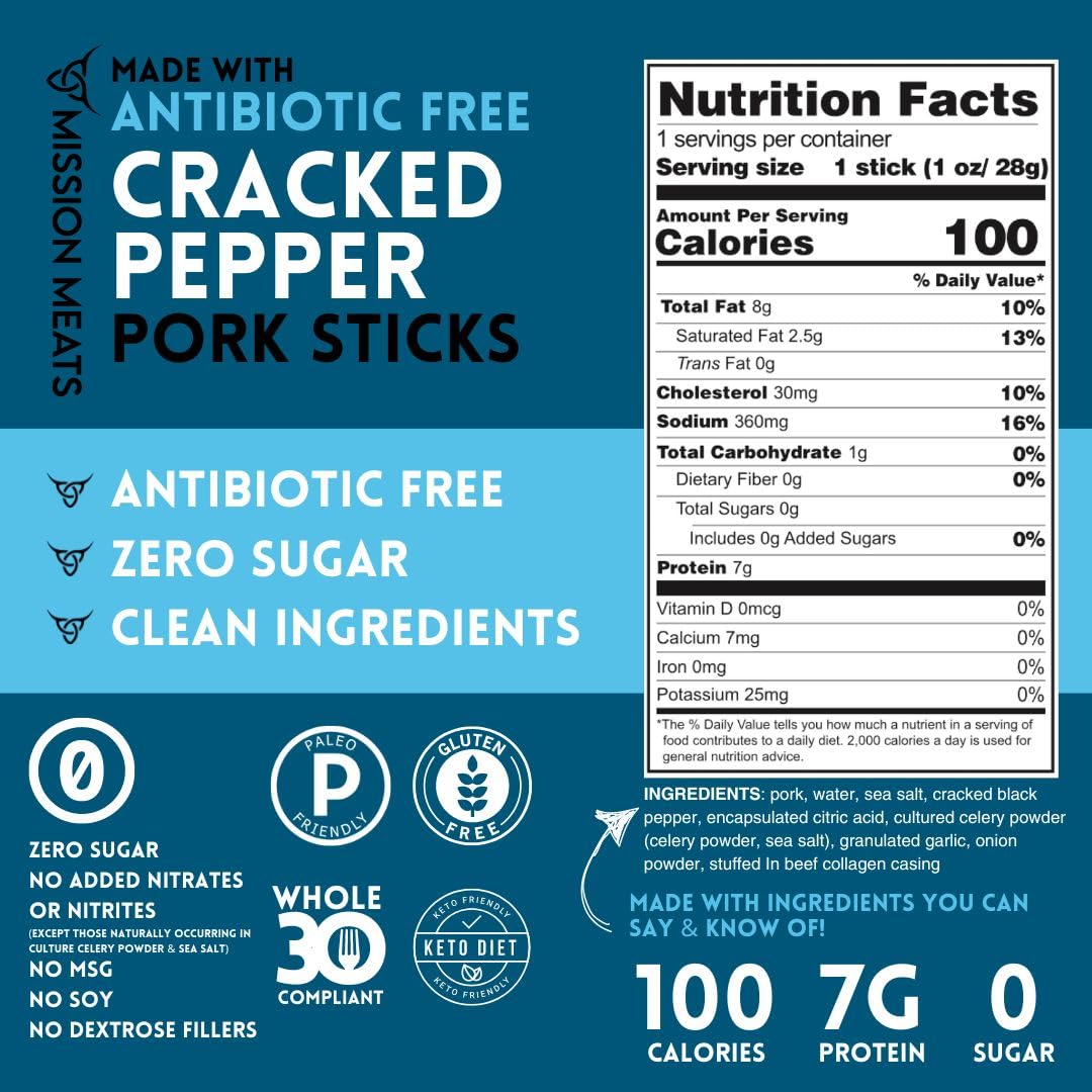 Mission Meats  ed Pepper Pork Meat Sticks - Sugar Free, AIP Friendly, Paleo, 1oz (Pack of 72)