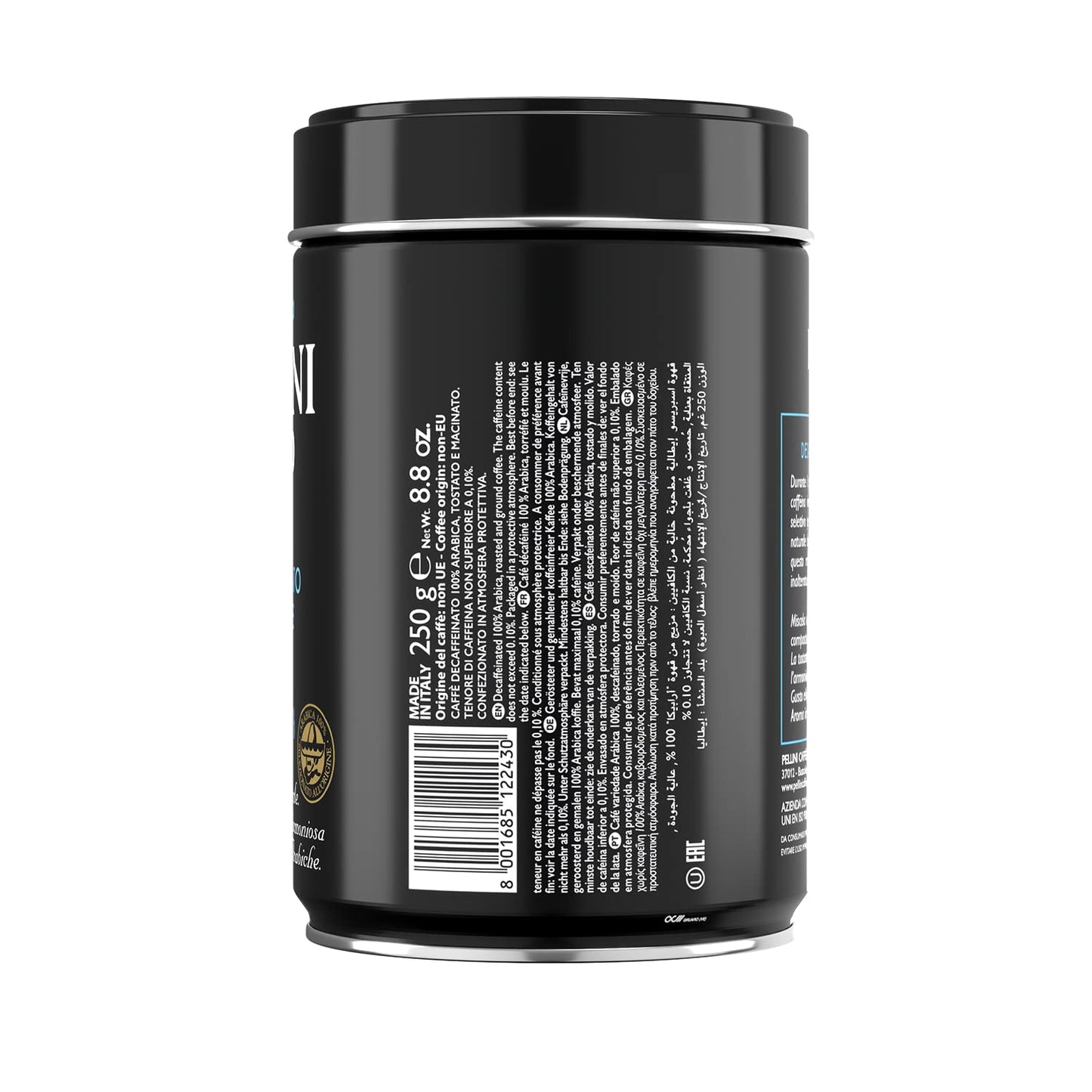 Pellini 100% Arabica Decaffeinated Ground Coffee Tin, 250 g (8.82 oz)