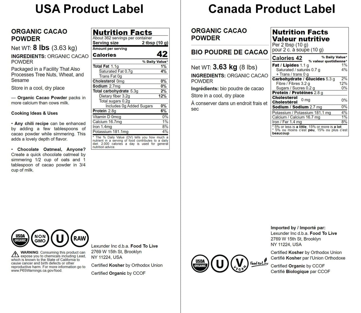 Food To Live Organic Cacao Powder, 8 Pounds Certified, Non-Gmo, Kosher, Unsweetened, Sirtfood, Bulk