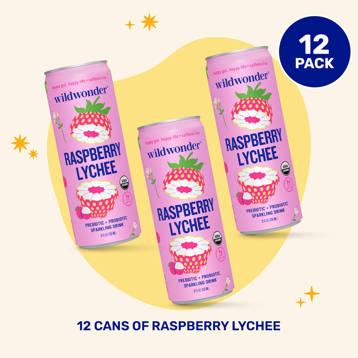 Wildwonder Sparkling Probiotic Drink, Raspberry Lychee, 12oz Can, 12 Pack, Organic, Vegan, Low Sugar