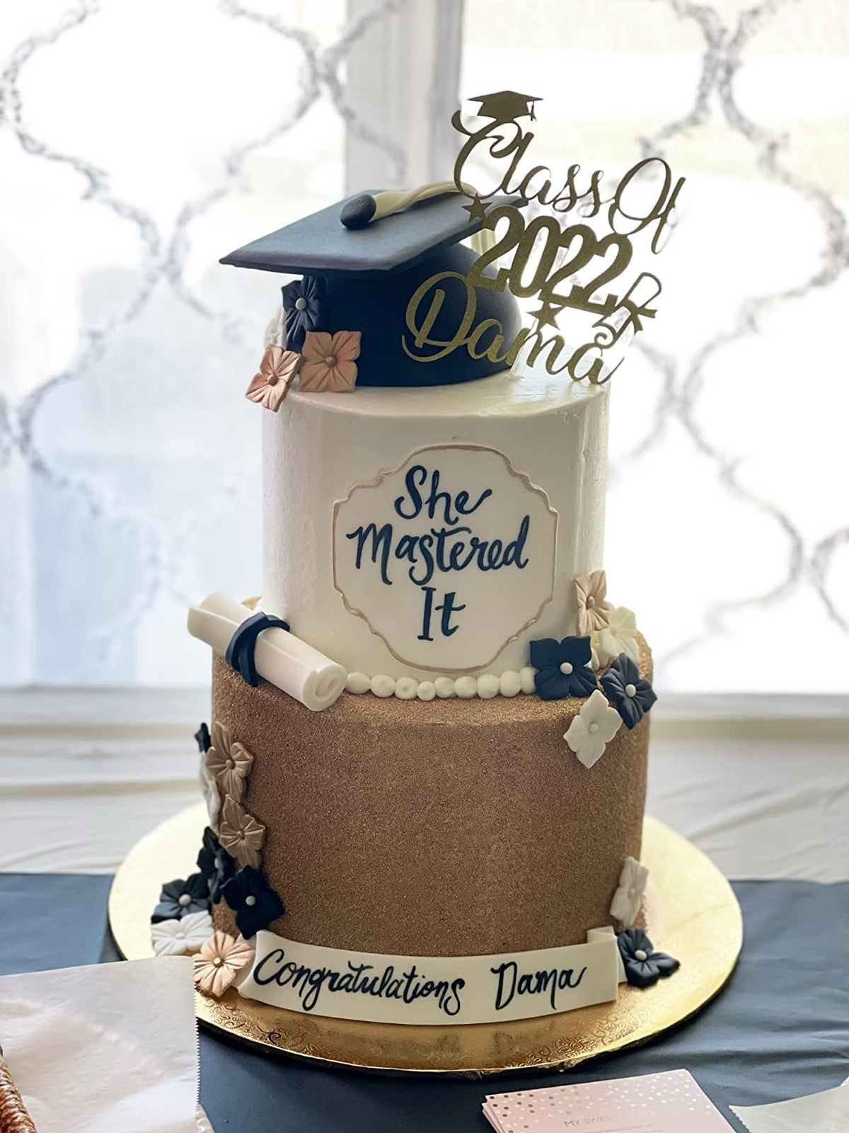Personalized Cake Topper Custom Congrats Graduation Hat Student Class Of 2024 Double Sided Glitter Card Gold