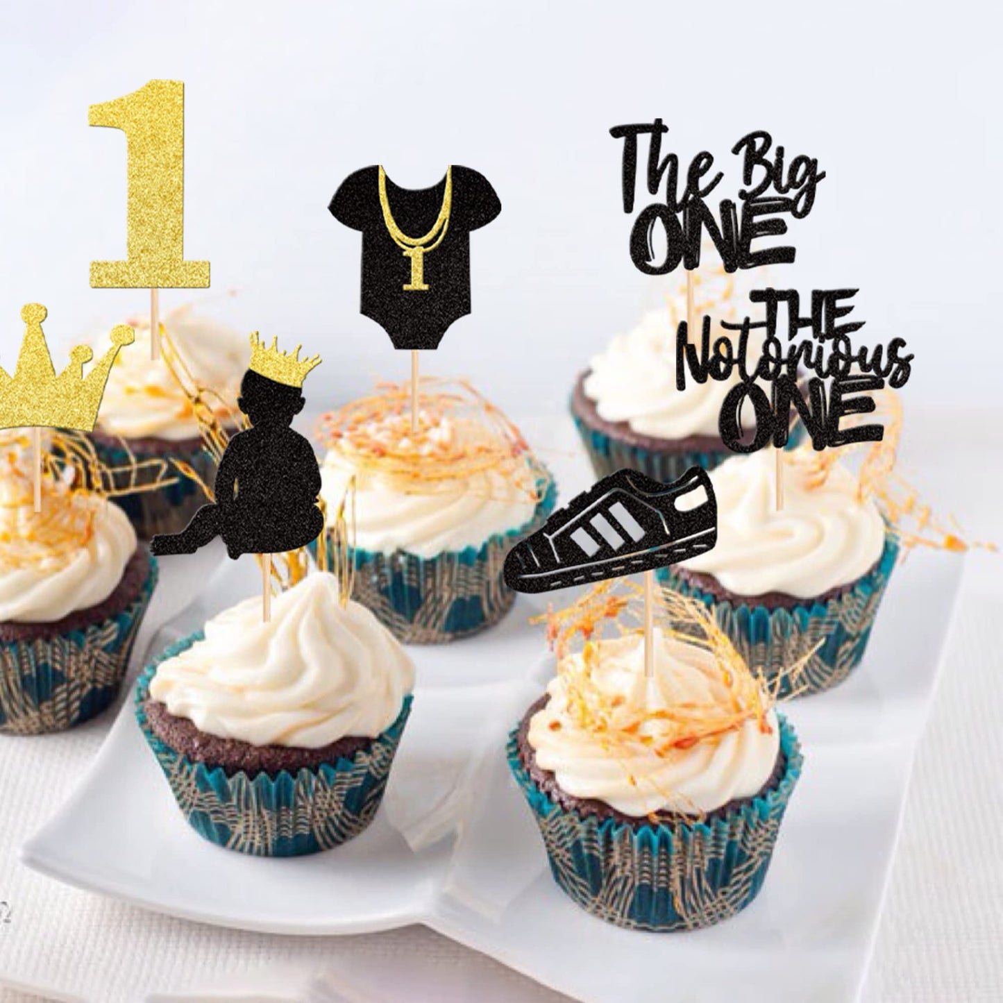 28 Pcs The Notorious One Cupcake Toppers Black Glitter Hip Hop 1St Birthday Cupcake Picks The Big One Number 1 Cake Decorations
