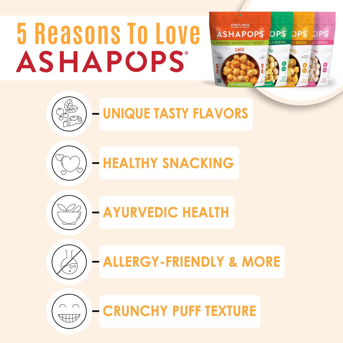 AshaPops Popped Water Lily Seeds Variety Pack - Gluten Free, Vegan, 1 oz (Pack of 4 Bags)