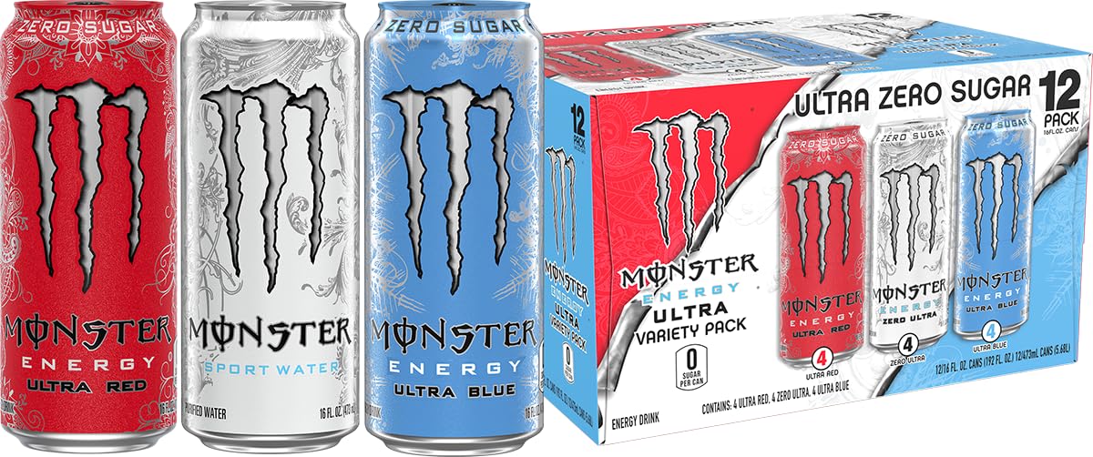 Monster Energy Ultra 3 Flavor Variety Pack, Zero Ultra, Ultra Red, Ultra Blue, Sugar Free Energy Drink, 16 Ounce (Pack Of 12)