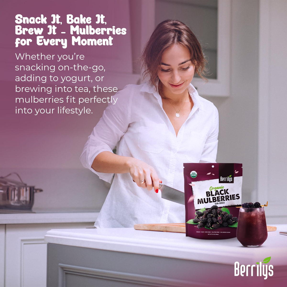Berrilys Organic Dried Mulberries, Non-GMO, Unsulfured, Raw, 10 oz, Vegan Snack
