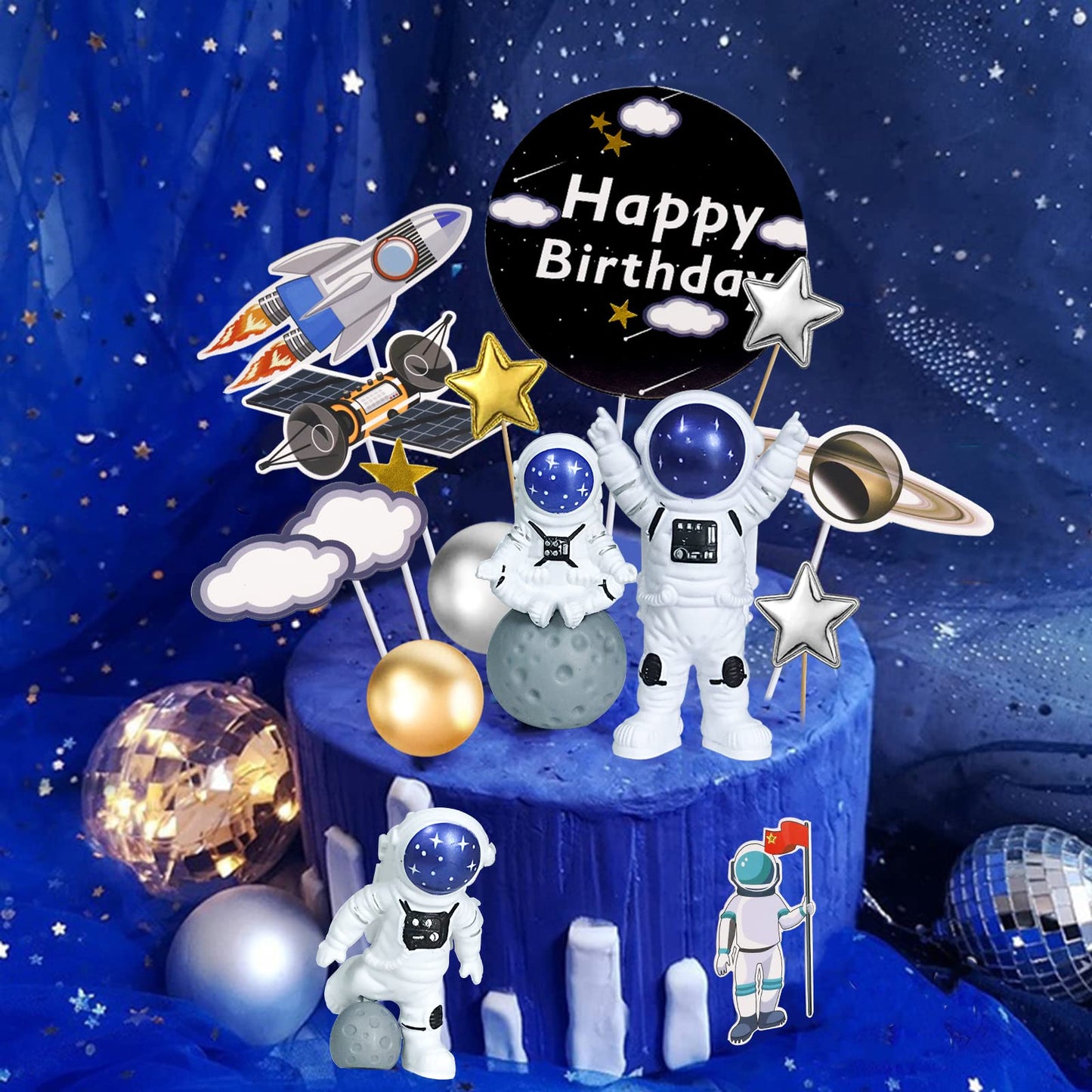 LEBERY Astronaut Space Cake Toppers 22 Pcs Plastic Decorations for Birthday Baby Shower - Blue, Model LA0183