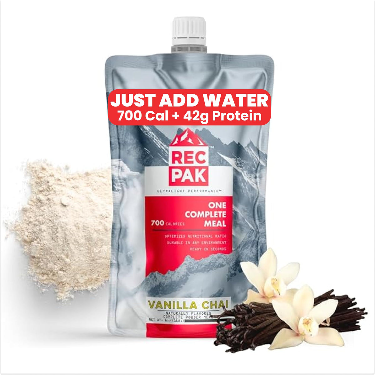Recpak Performance Ultralight Instant Meals For Your Next Adventure | 700 Cal 42G Protein I Vanilla Chai (12-Pack)