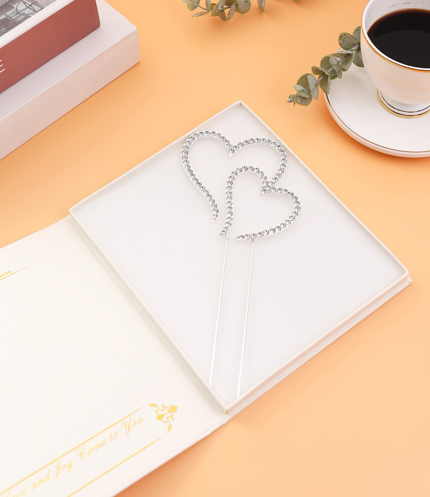 LOVENJOY Wedding Cake Topper, Two Hearts One Love, Silver, Crystal Rhinestone, 3.5 W x 8 H