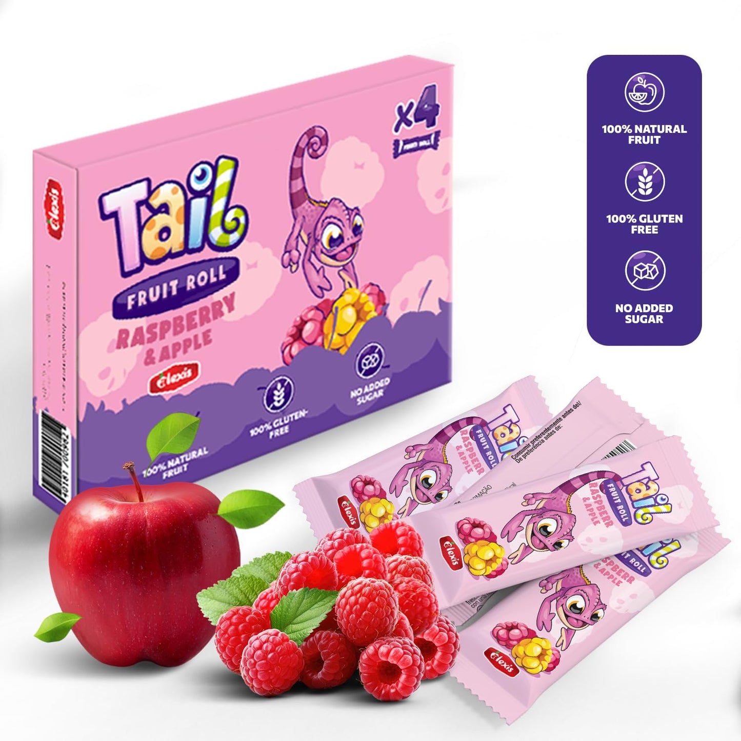 AVICENNA FOOD Tail Fruit Roll Snacks, Raspberry Flavor, 48 Packs, No Added Sugar, Non-GMO, Source of Vitamins and Fiber